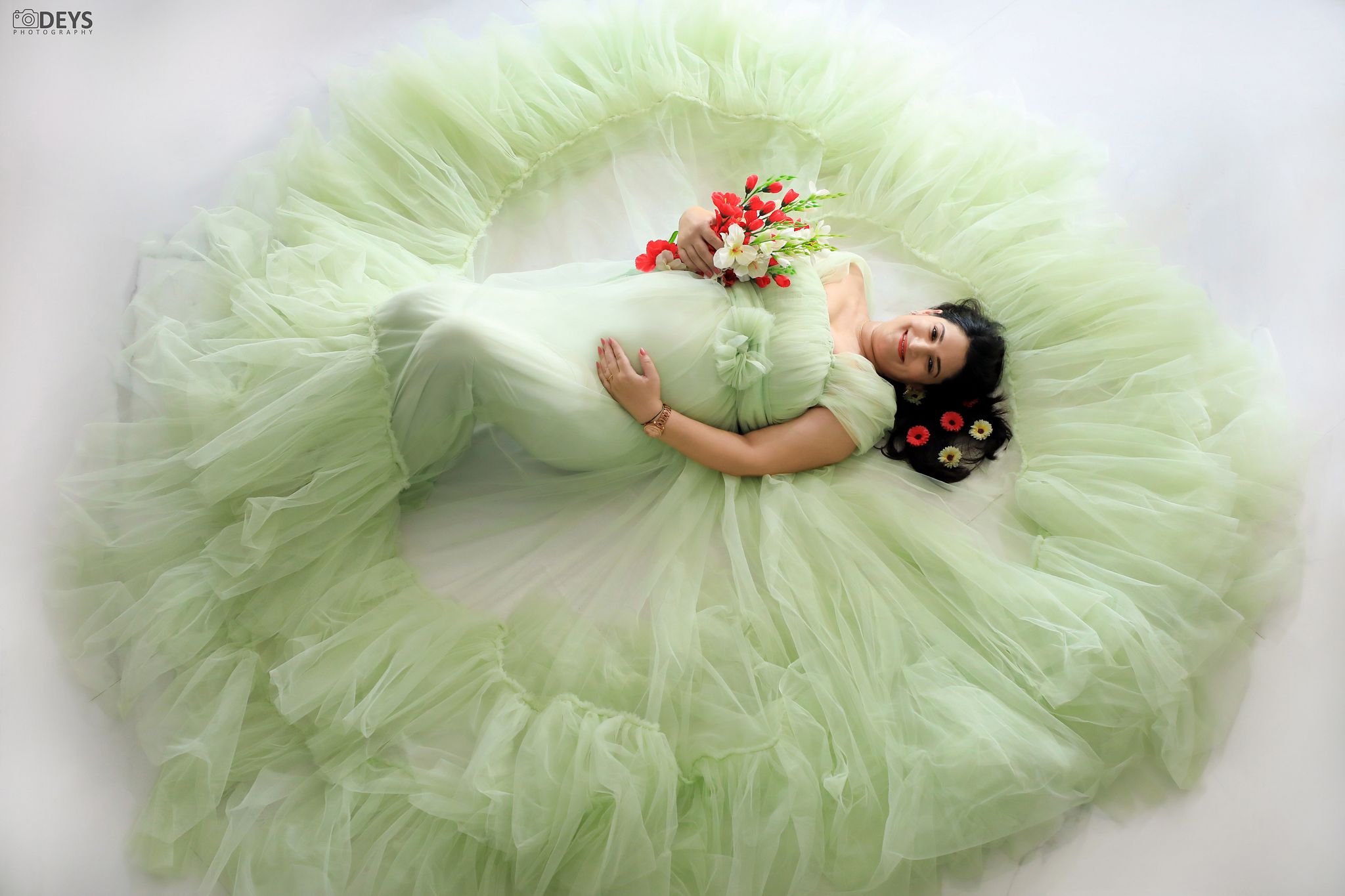 DP020 - Ruffled Tea Green Maternity Shoot Gown
