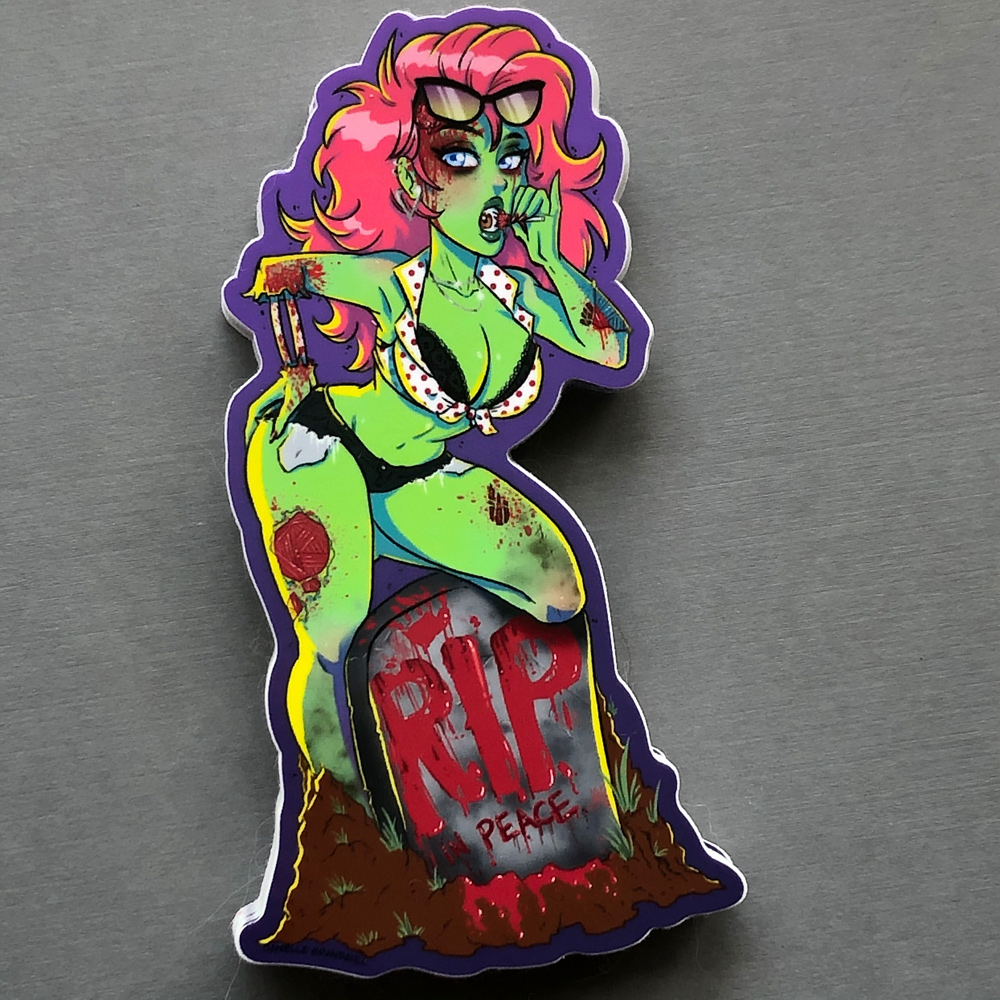 "R.I.P.... in peace" Zombie Pin-Up Sticker