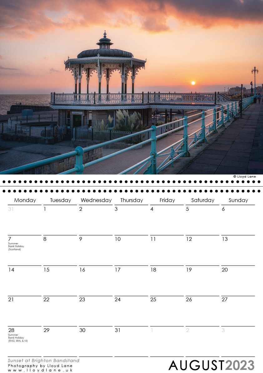 Brighton Calendar 2023 - Sunset at the Brighton Bandstand - Brighton photography