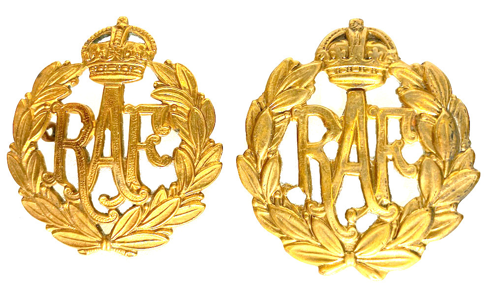 Pair of RAF King's Crown Cap Badges