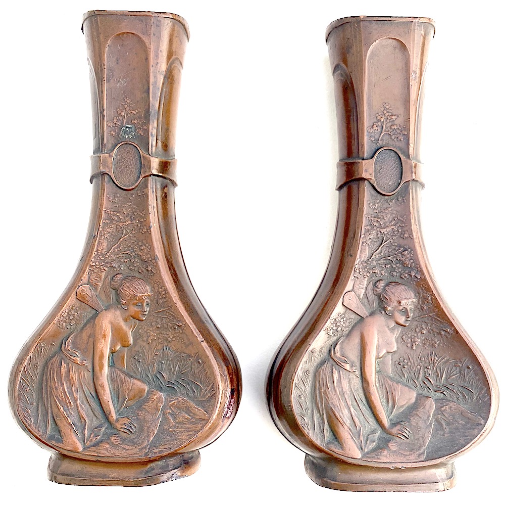 Pair of Bronze Art Nouveau Vases with Fairy Relief Motifs