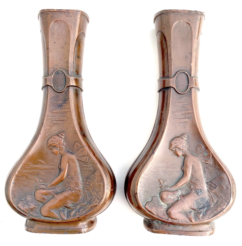 Pair of Bronze Art Nouveau Vases with Fairy Relief Motifs