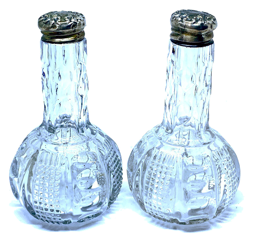 Pair of Vintage American Glass Perfume Flasks with Silver Tops