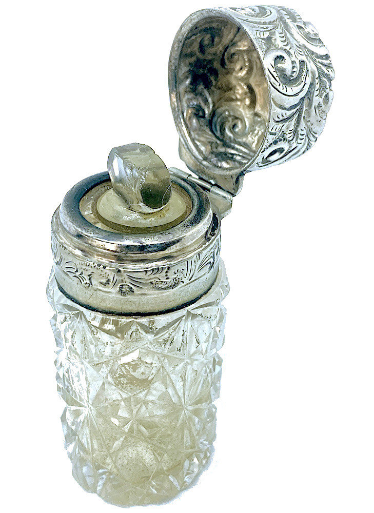 Antique Facet Cut Crystal Perfume Bottle with Hinged Silver Lid - Charles May of Birmingham 1901