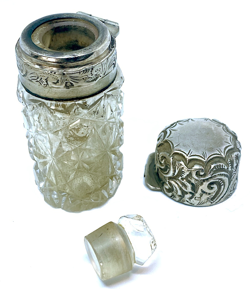 Antique Facet Cut Crystal Perfume Bottle with Hinged Silver Lid - Charles May of Birmingham 1901
