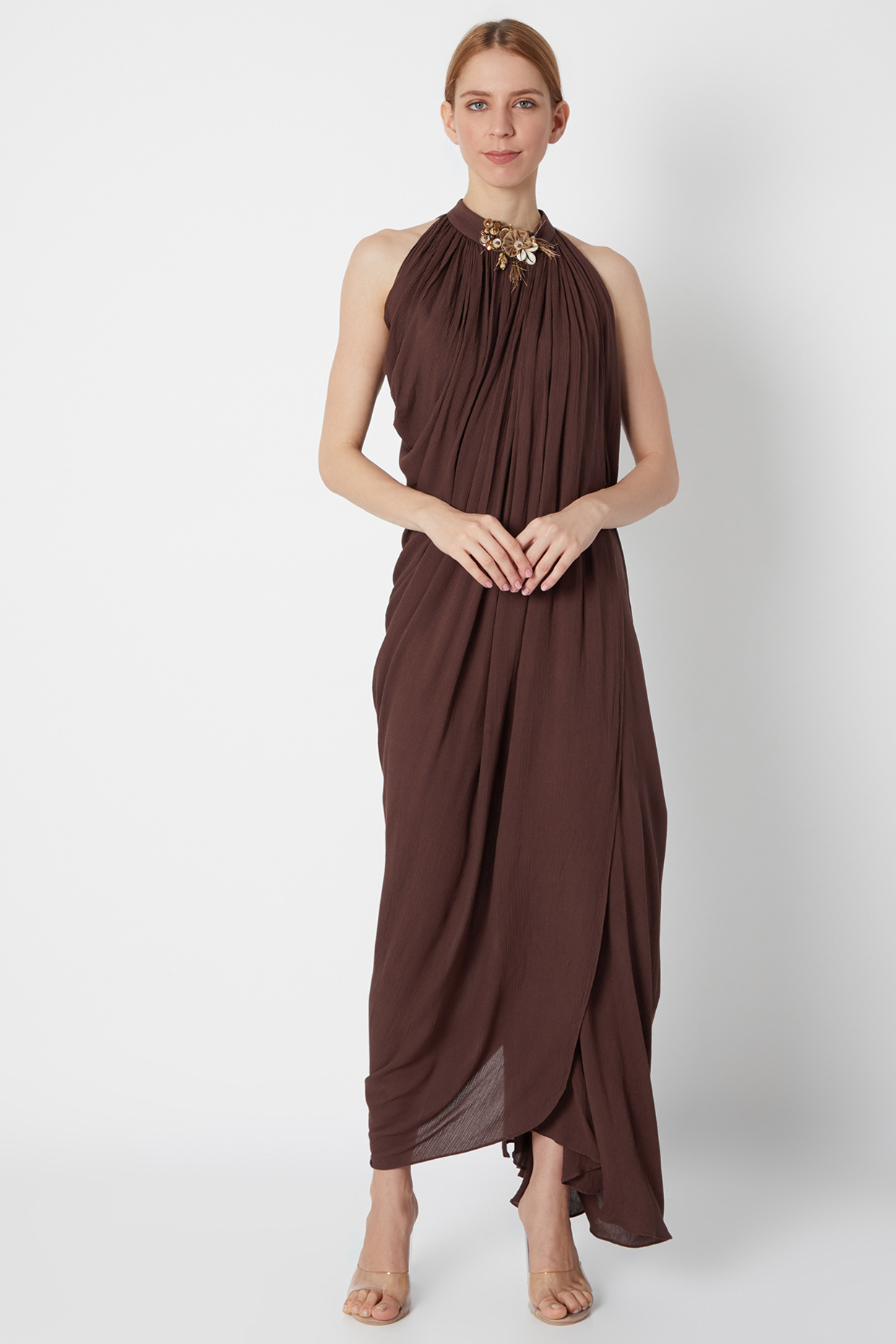 Brown Draped Dress With In-Cut Collar