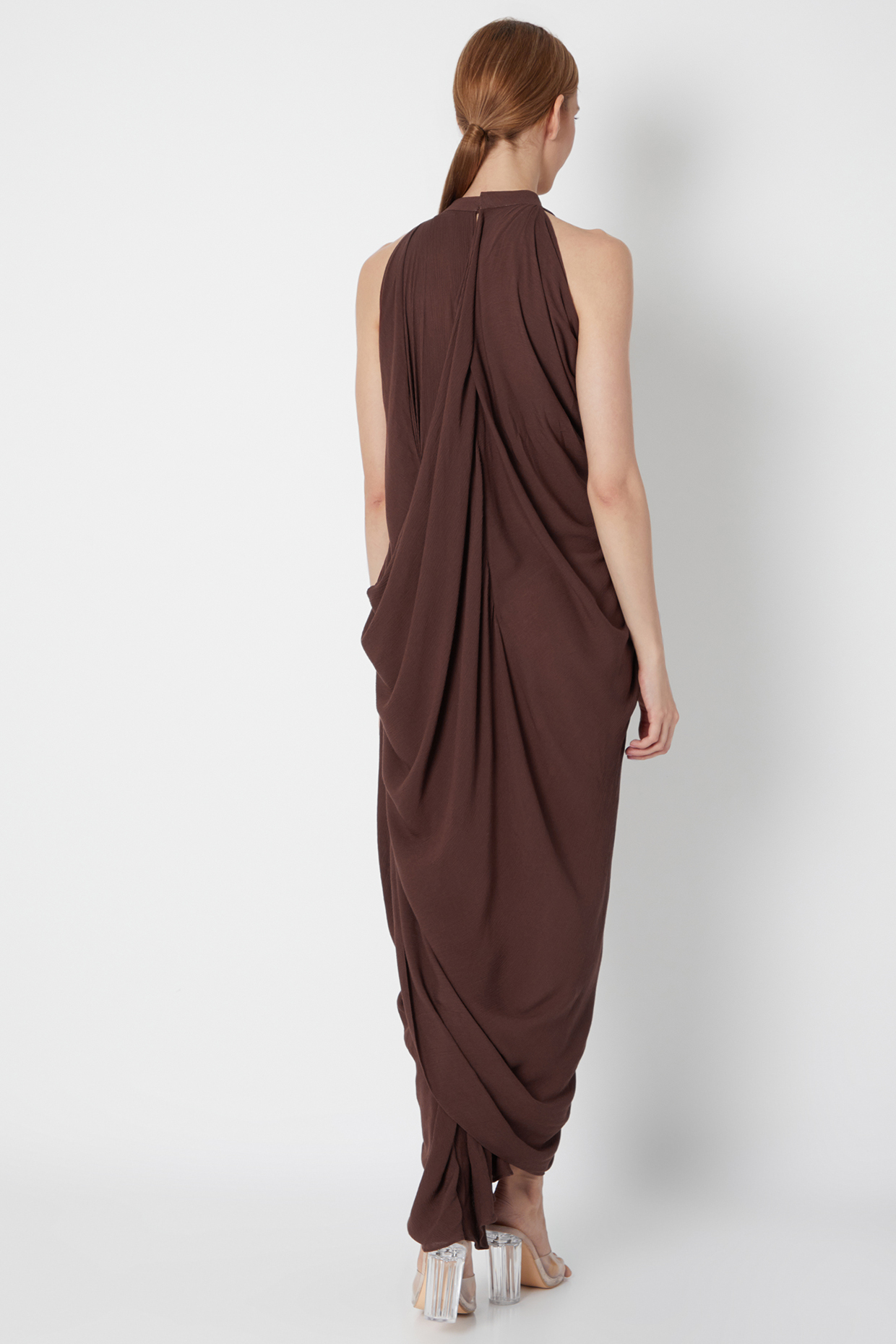 Brown Draped Dress With In-Cut Collar