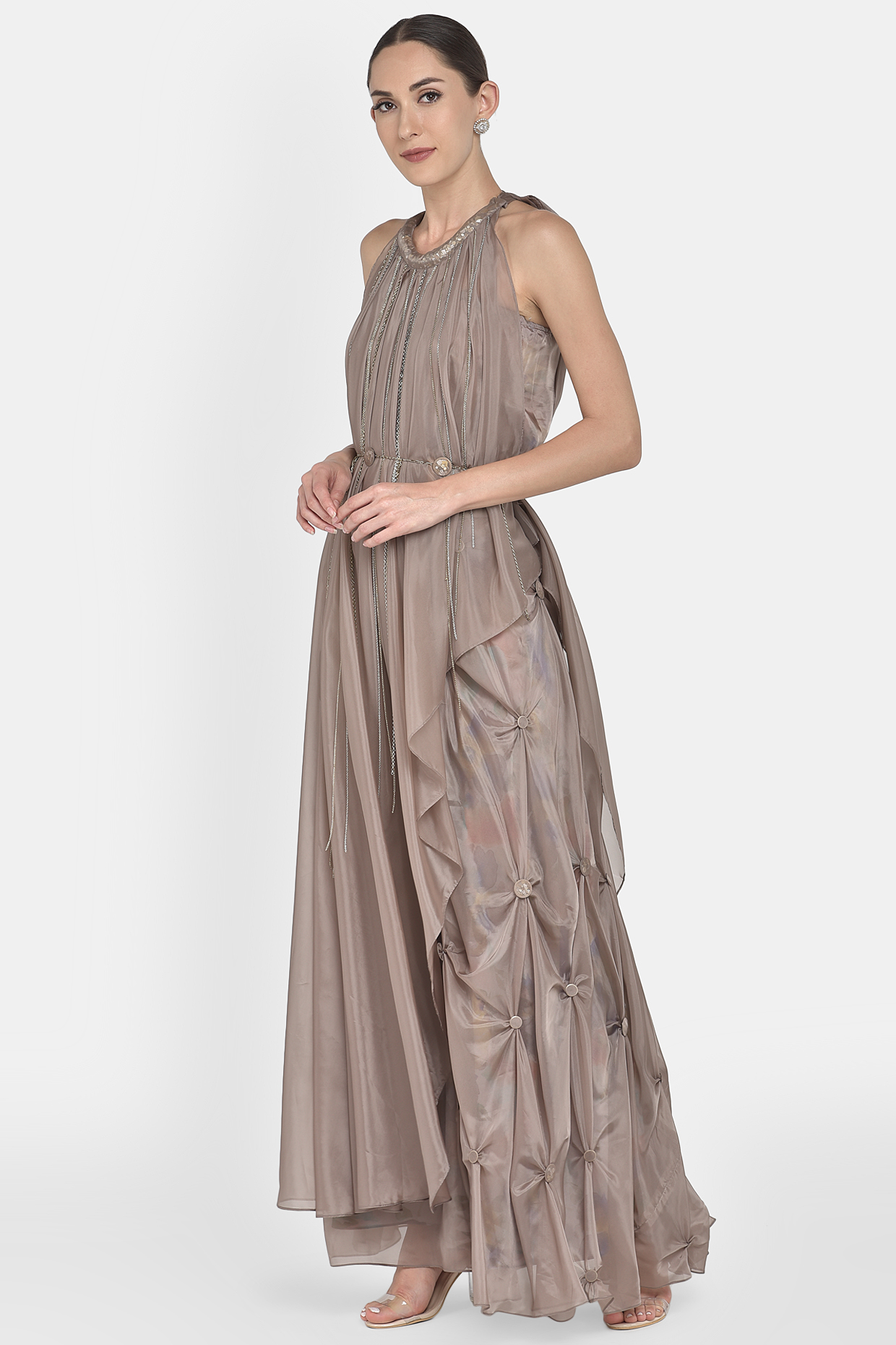 Embellished Pleated Drape With Crop Top & Pants