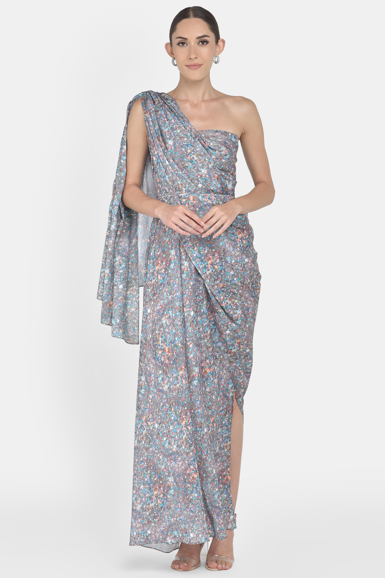 Grey Digital Print Drape Gown