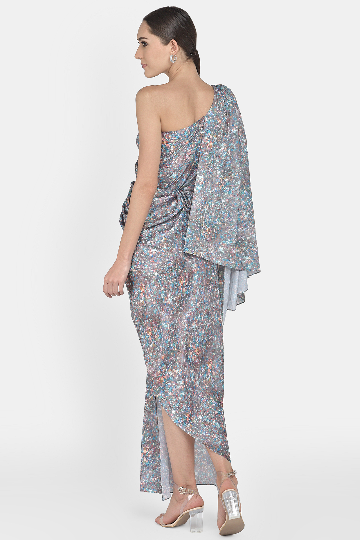 Grey Digital Print Drape Gown