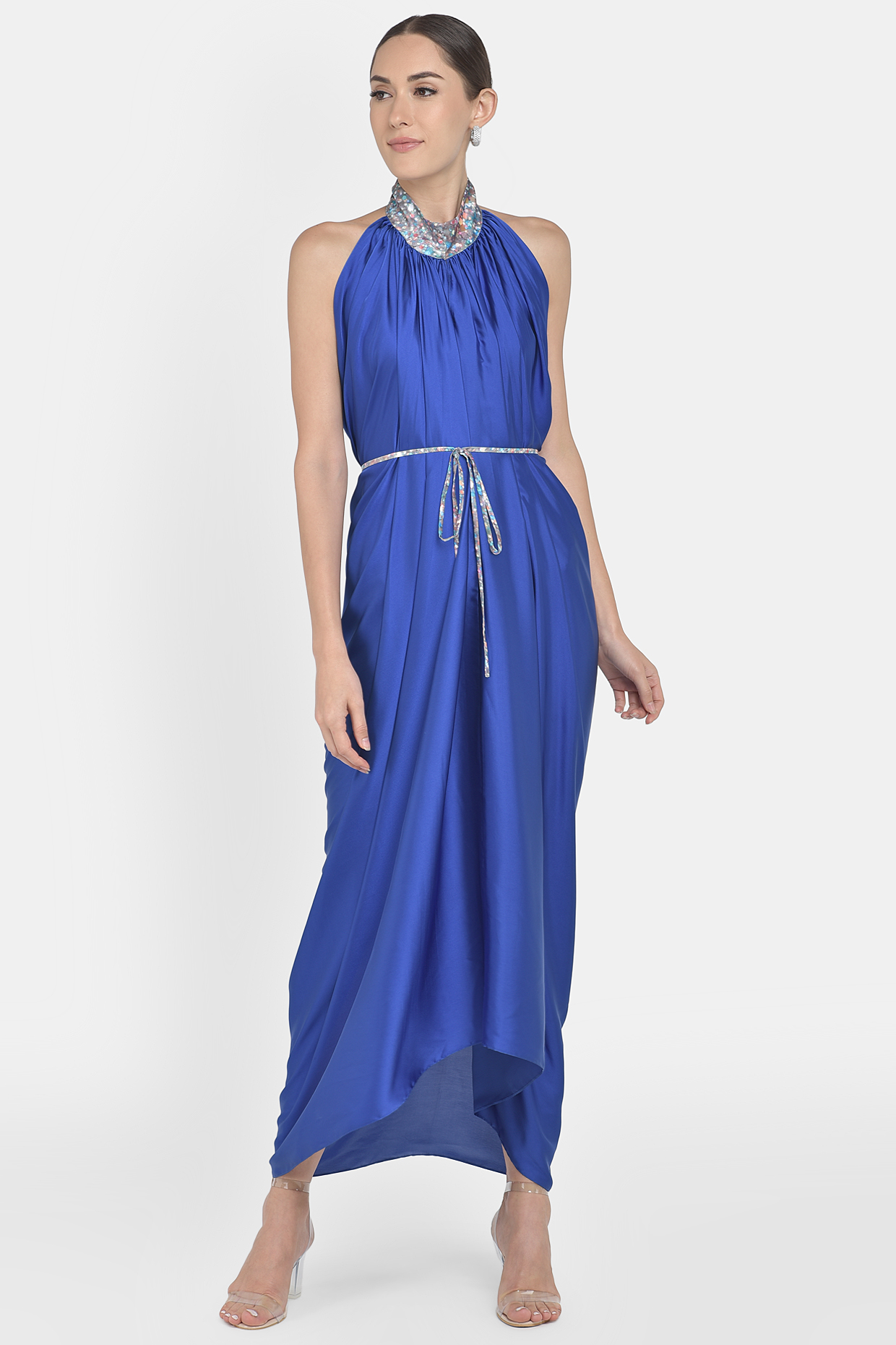 Blue In - Cut Collar Draped Dress