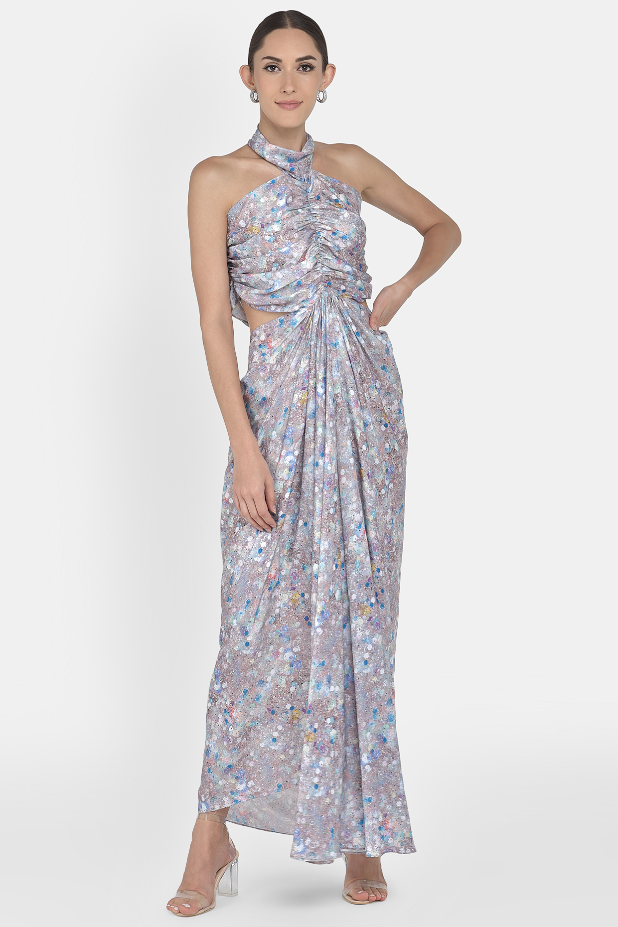 Grey Digital Print Gathered Drape Dress