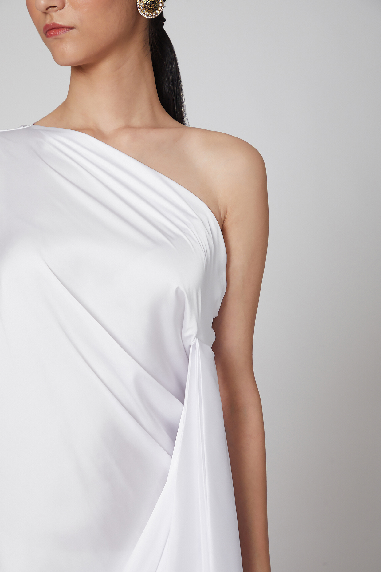 Off White One Shoulder Draped Gown
