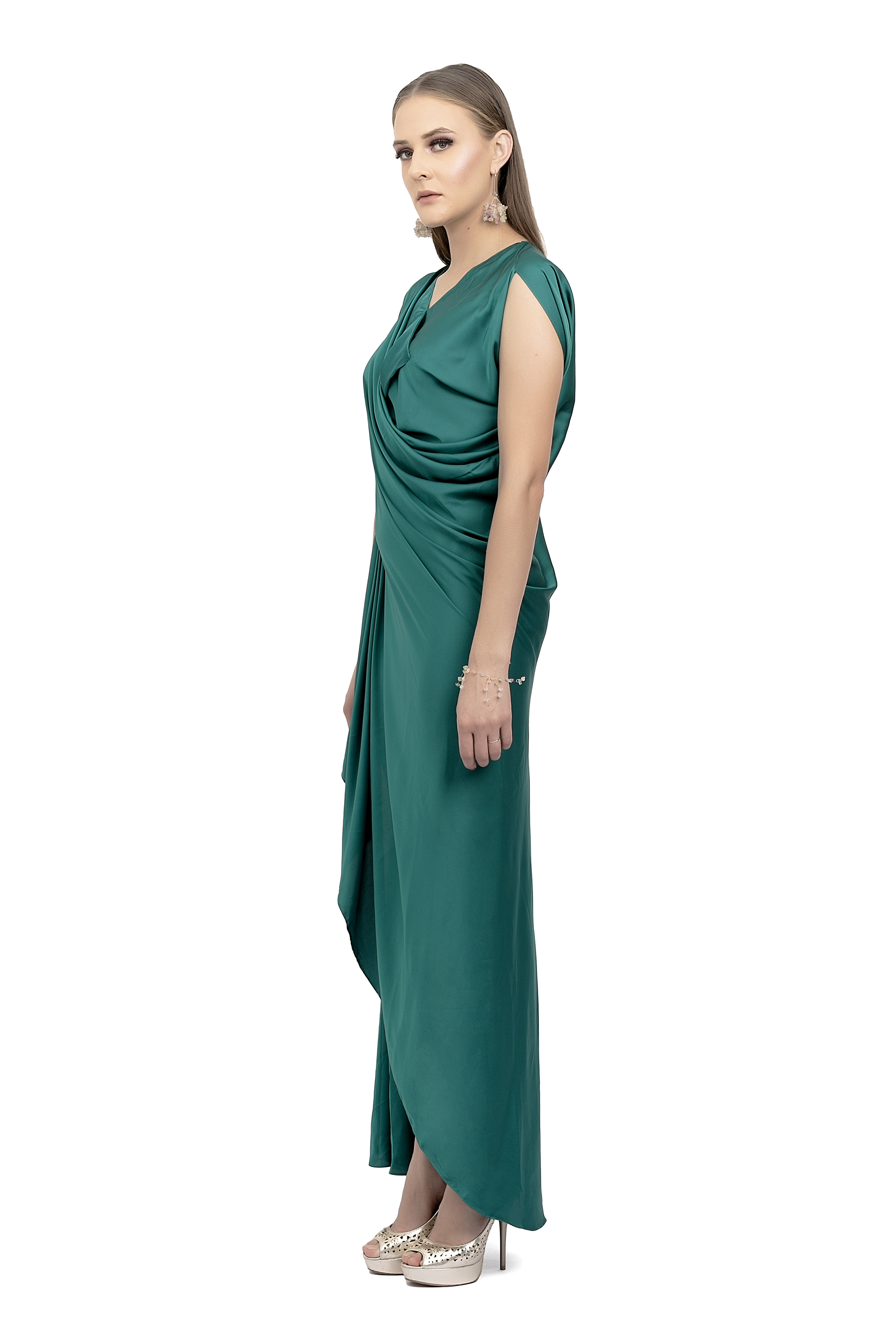 Emerald Green Asymetric Draped Gown