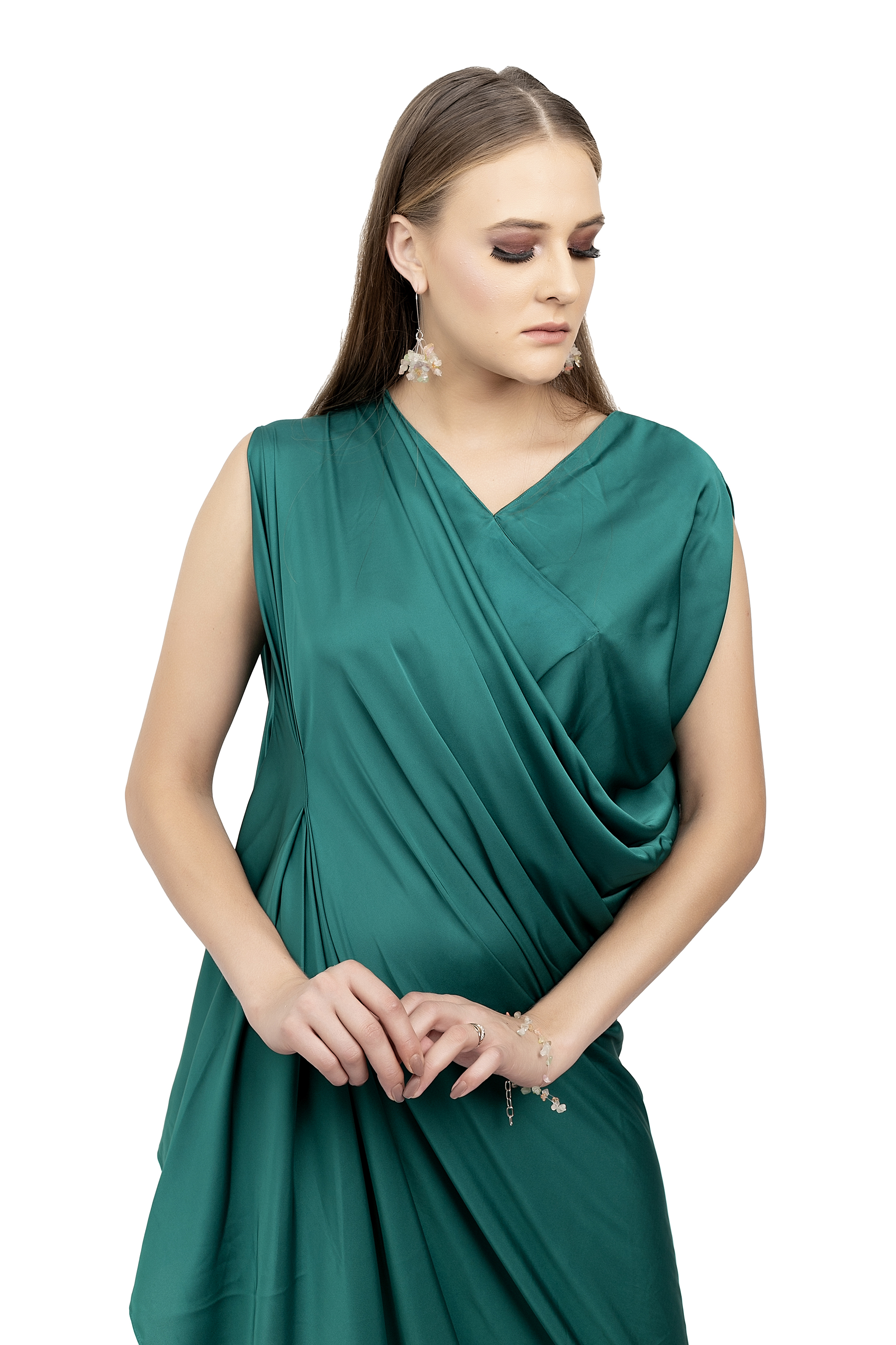Emerald Green Asymetric Draped Gown