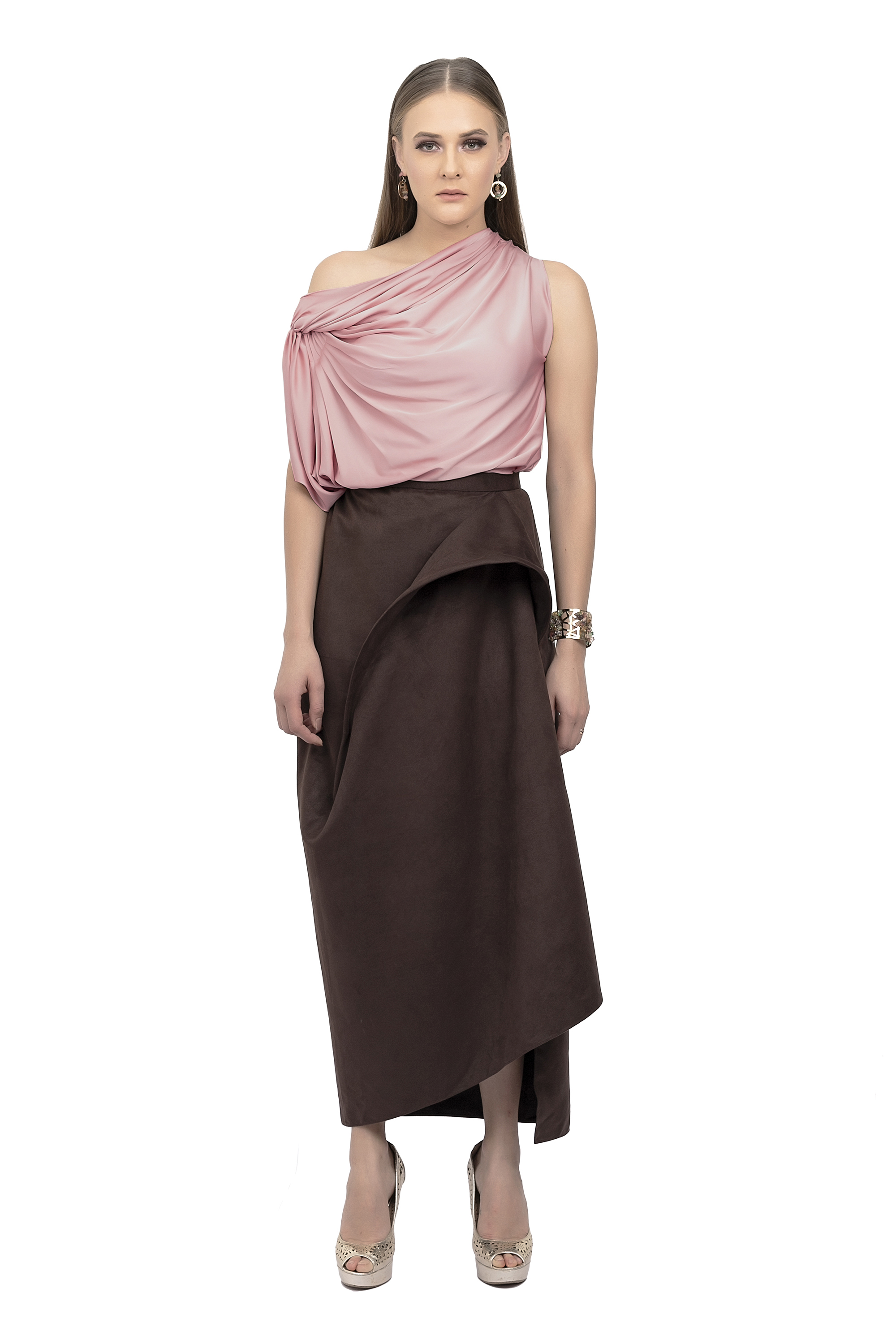 Pink & Brown Crop Top & Skirt Set