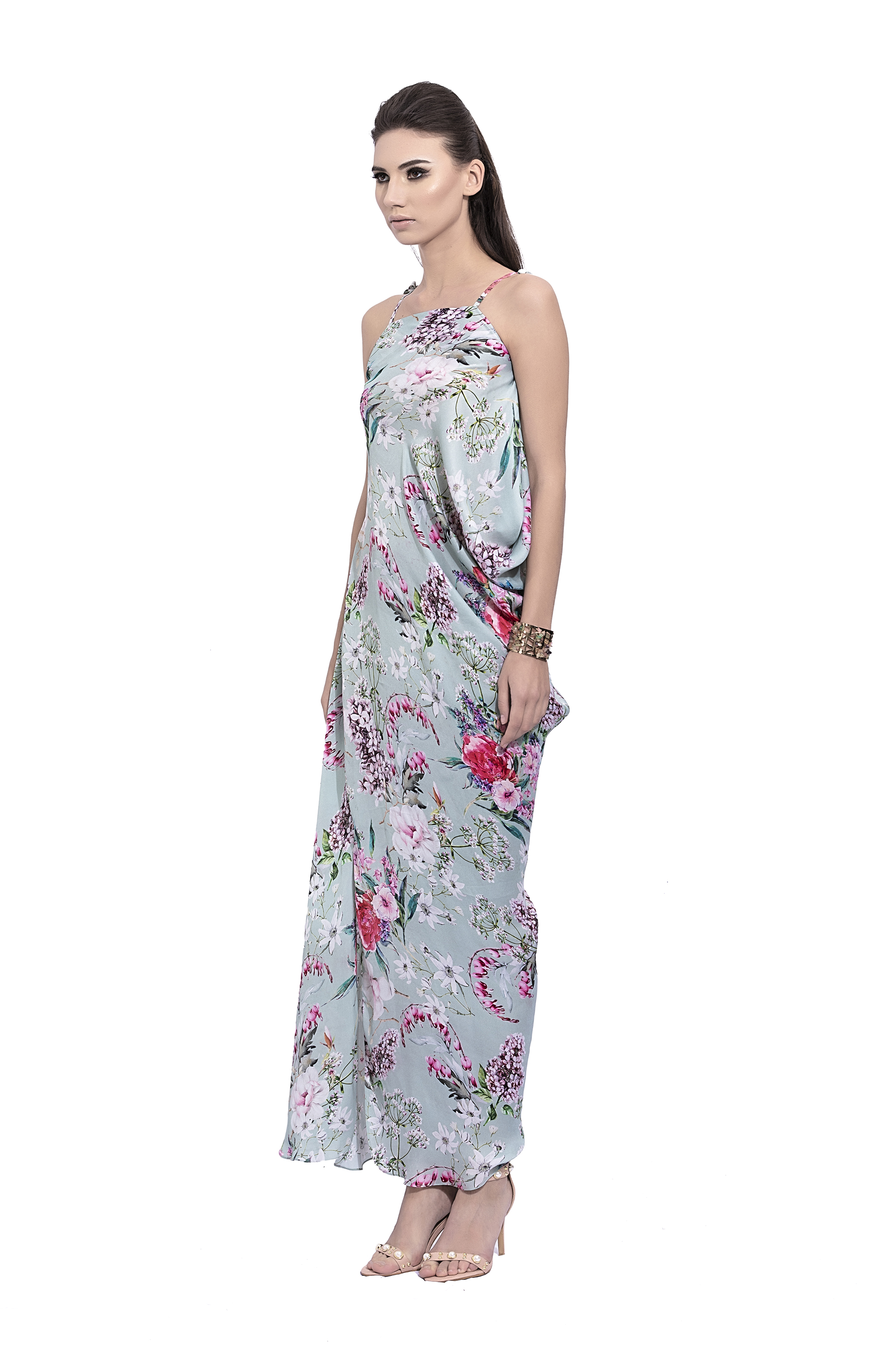 Sage Floral Draped Gown