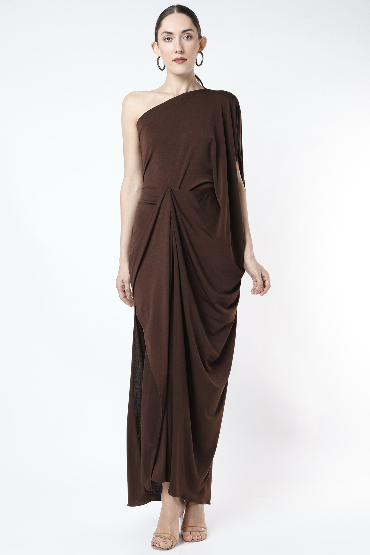 Brown One Shoulder Drape Gown with Detachable Sash