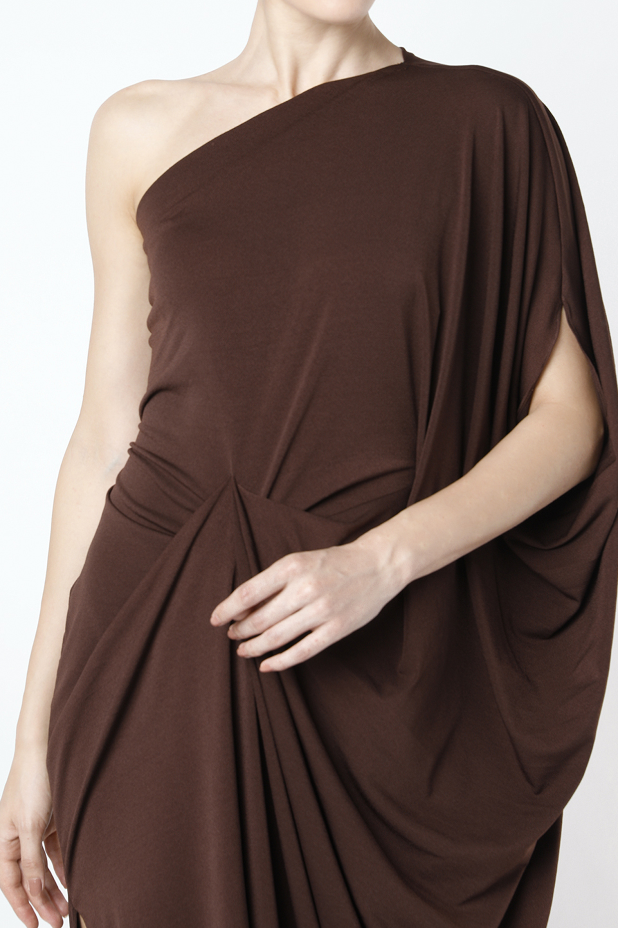 Brown One Shoulder Drape Gown with Detachable Sash