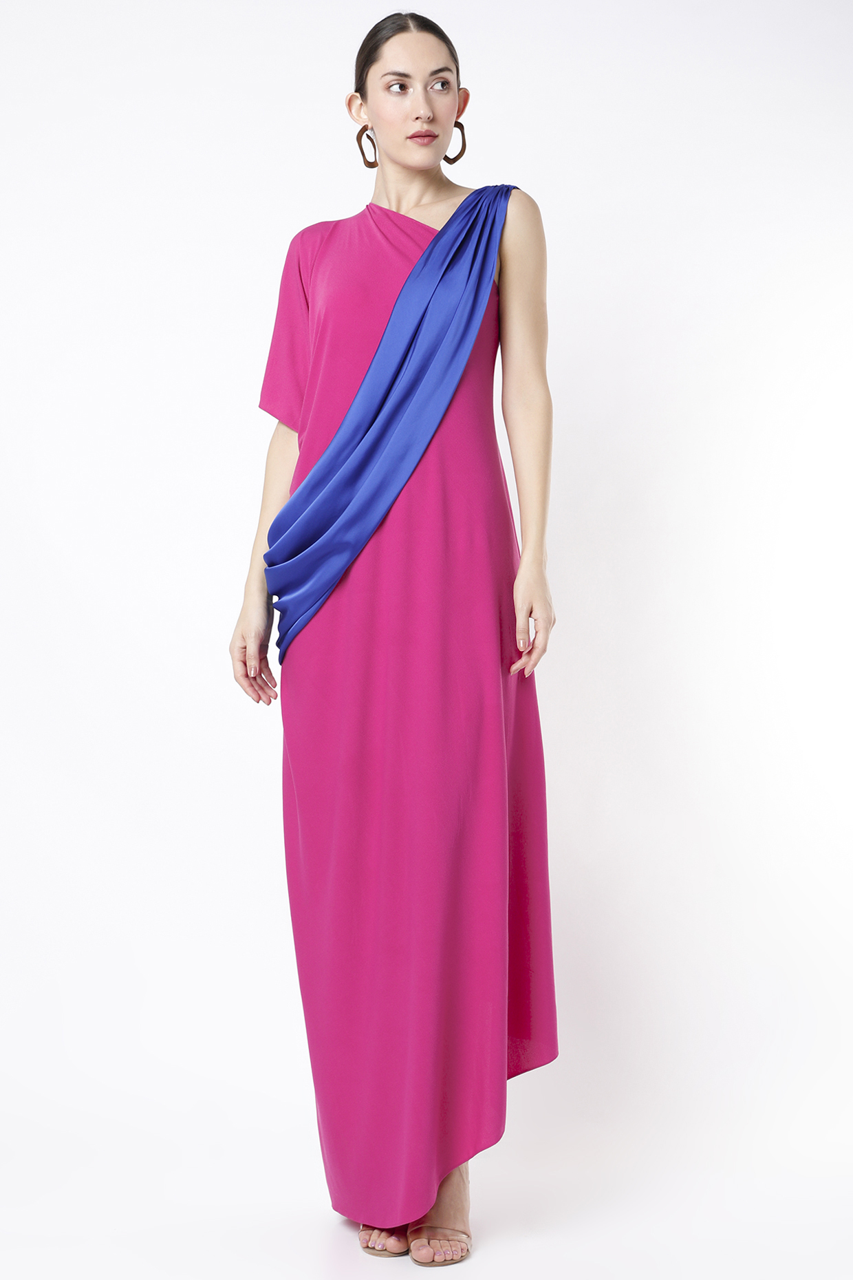 Hot Pink One Shoulder Draped Dress With Contrasting Sash