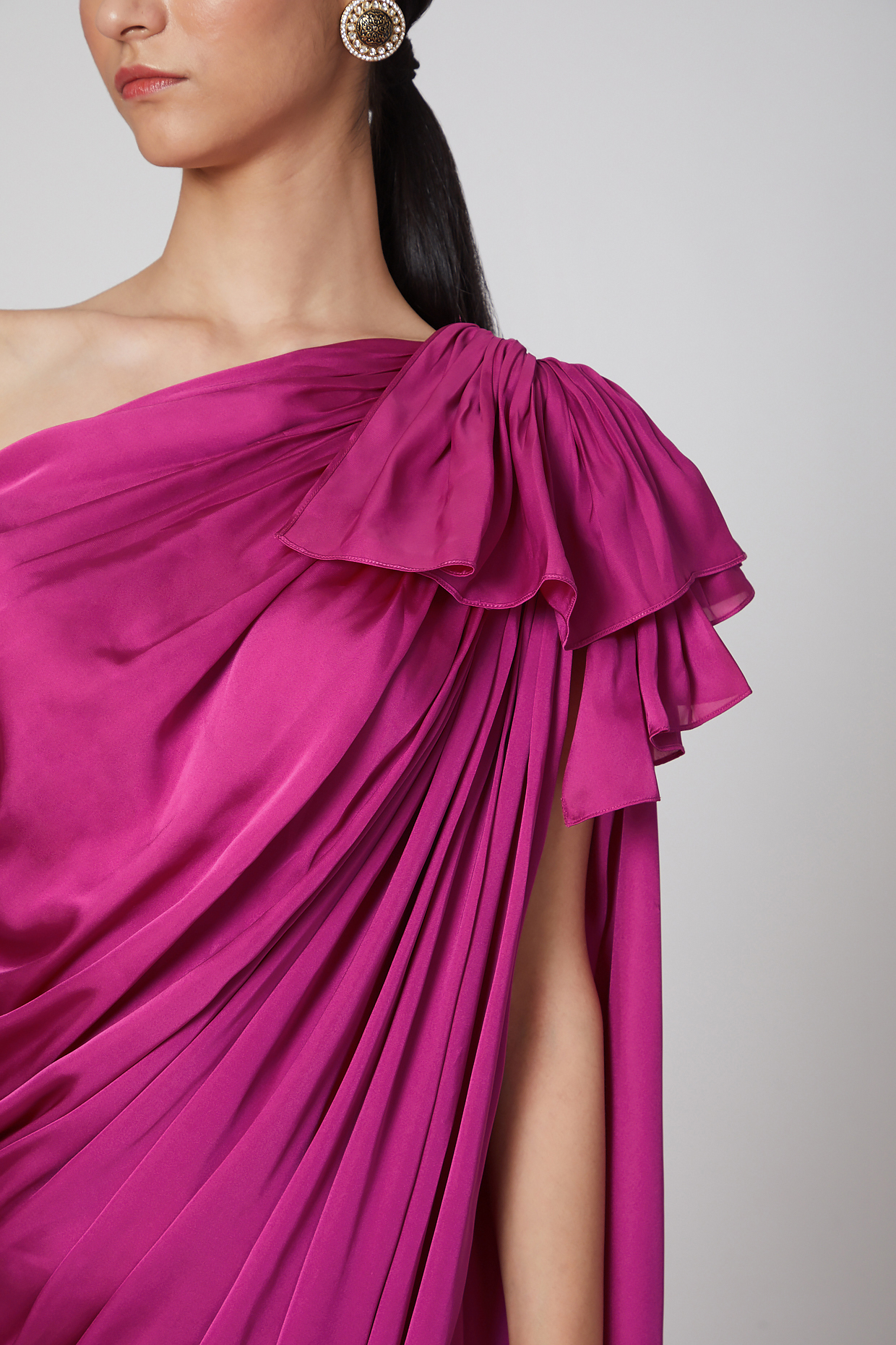 Fuchsia One Shoulder Gathered Draped Gown
