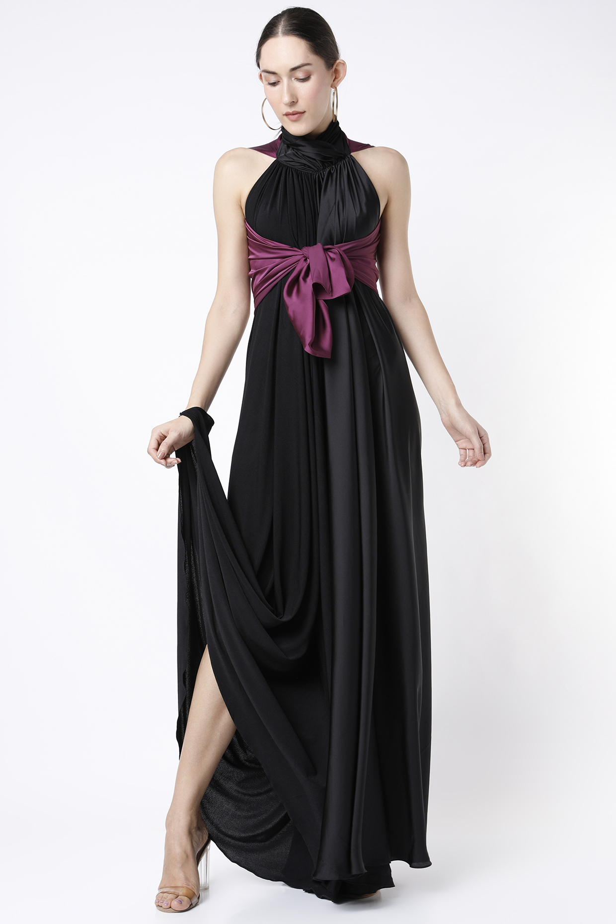 Black Jumpsuit Gown With Wine Tie-Up Cape