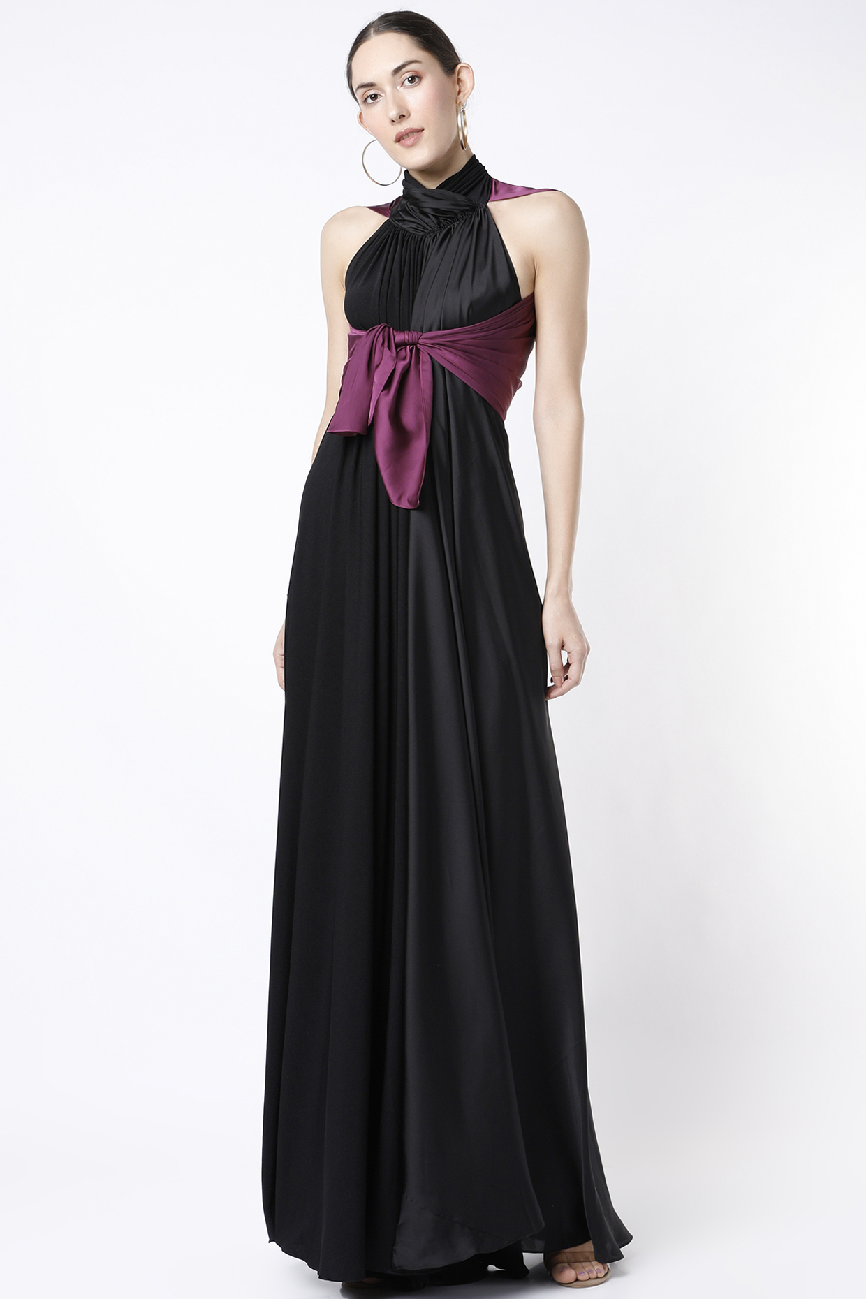 Black Jumpsuit Gown With Wine Tie-Up Cape