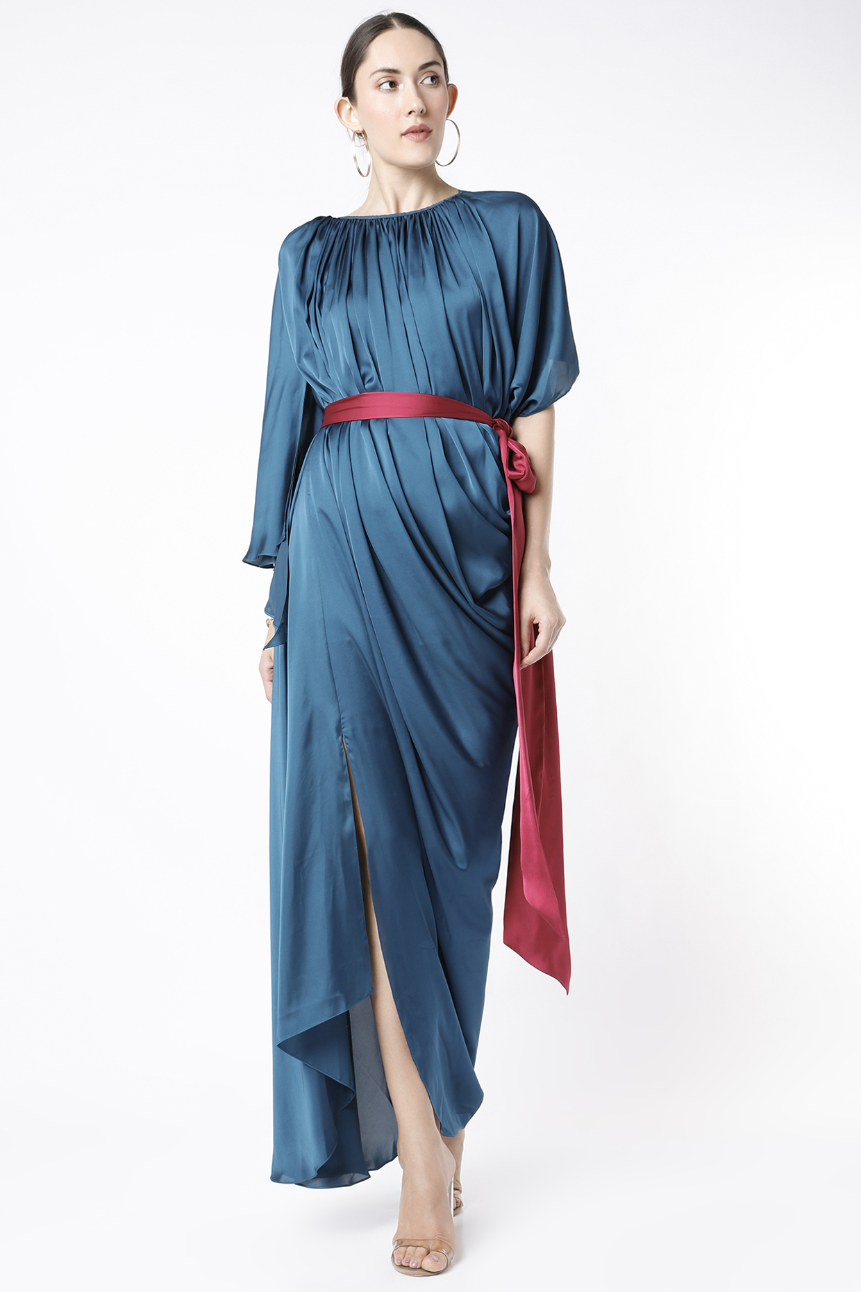 Teal Blue Draped Gown With Contrasting Sash