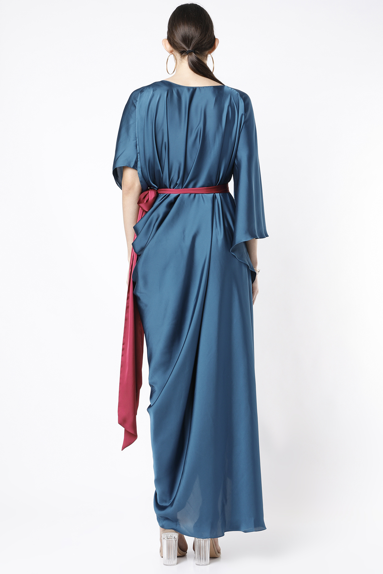 Teal Blue Draped Gown With Contrasting Sash