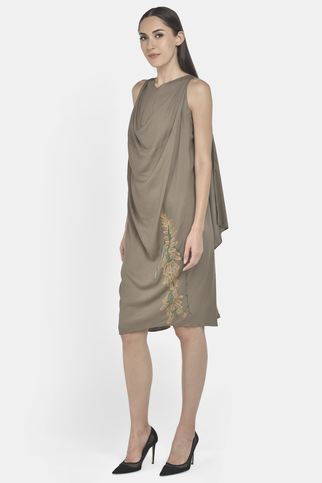 Olive Green Embroidered Draped Dress