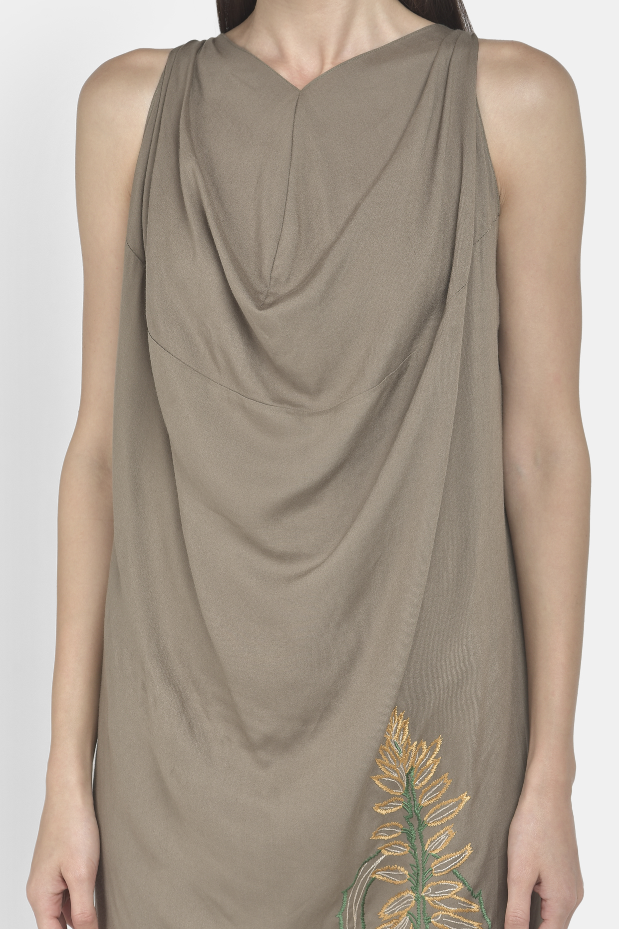 Olive Green Embroidered Draped Dress