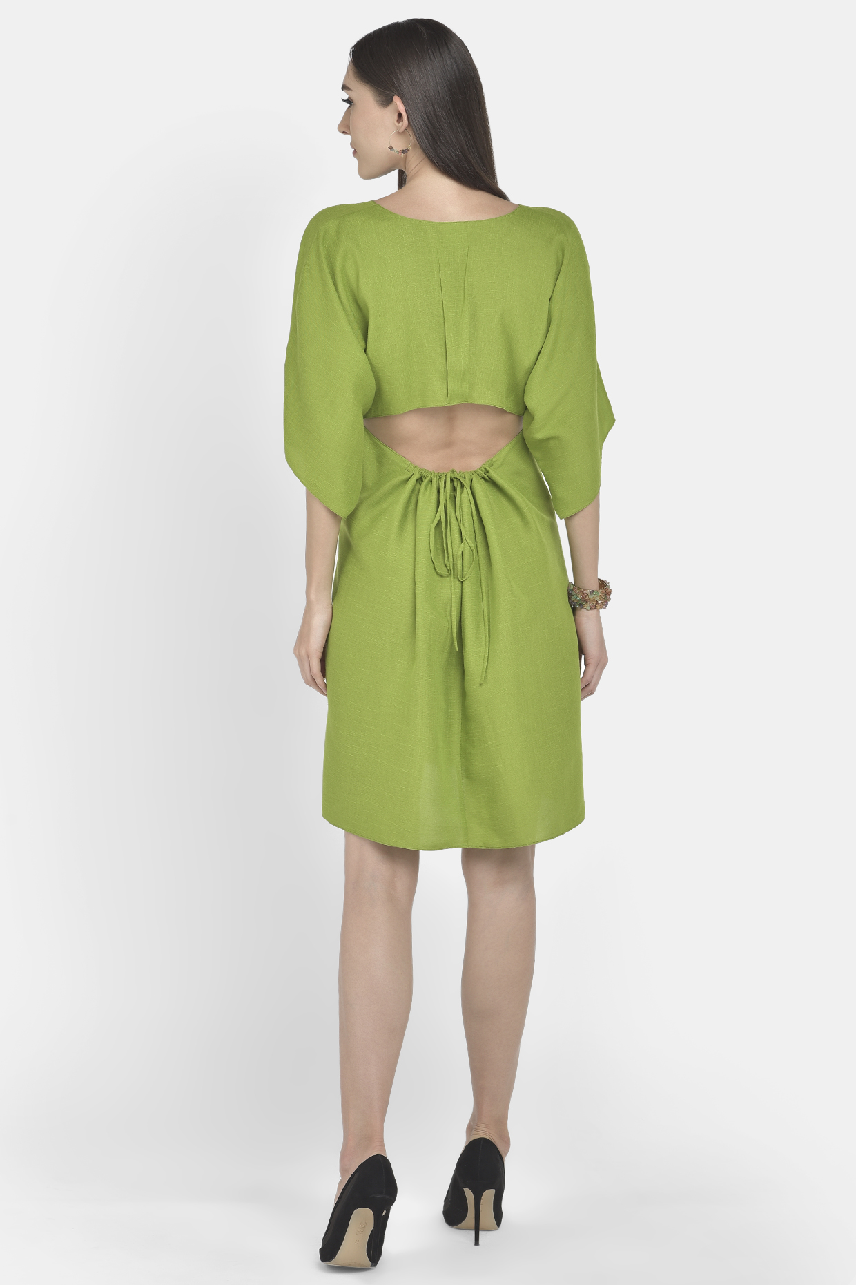 Green Shift Dress With Cut - Out Back