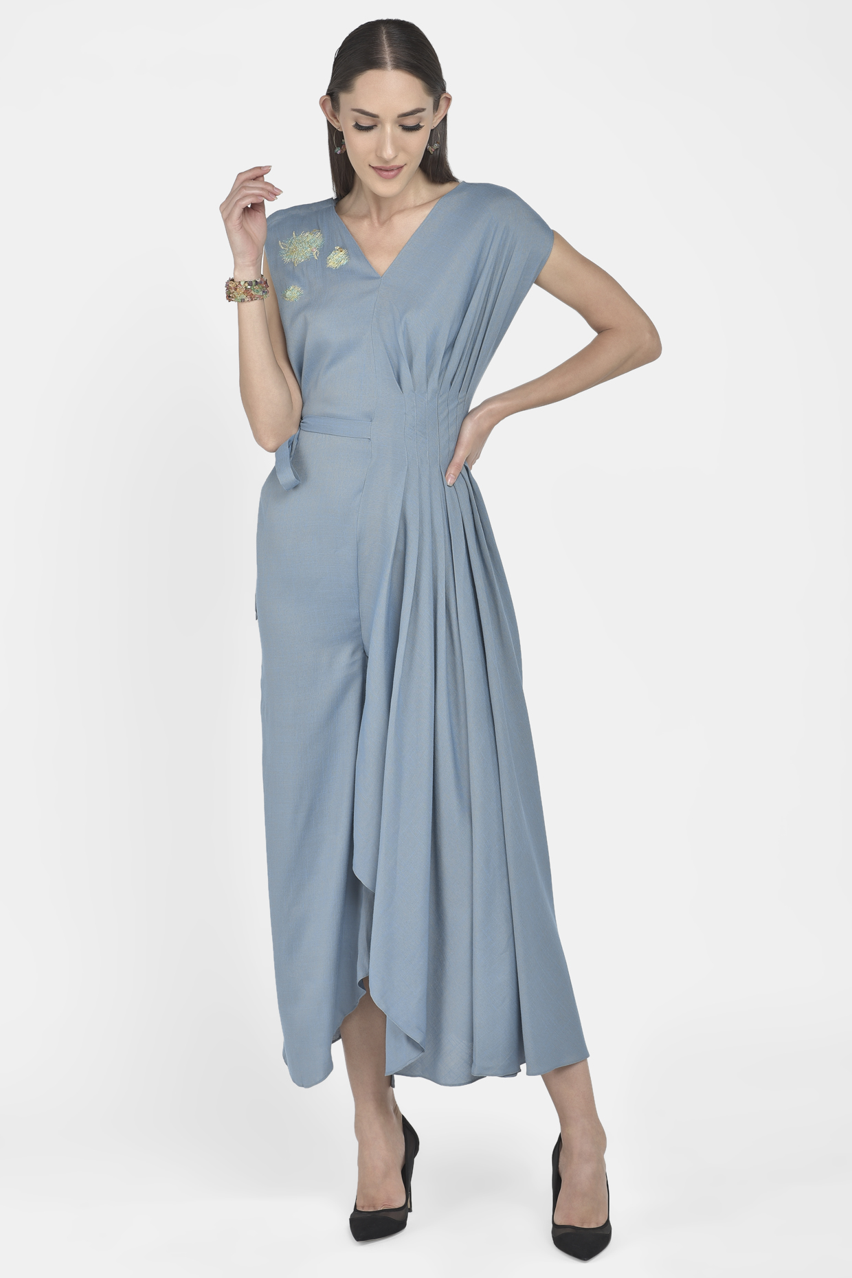 Powder Blue Embroidered Draped Jumpsuit