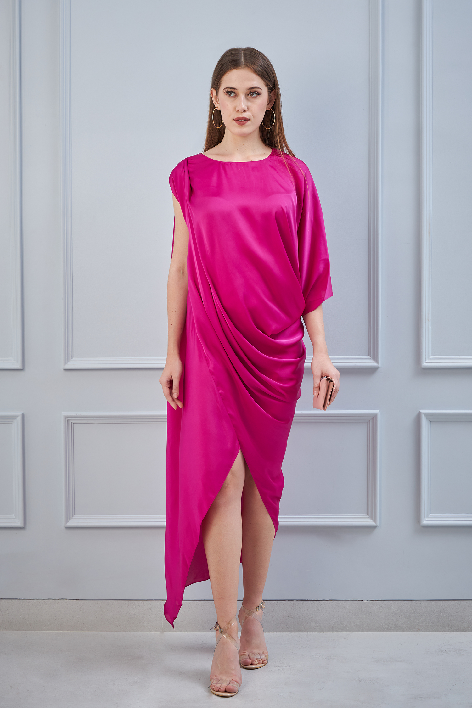 Fuschia Pink Cowl Draped Dress