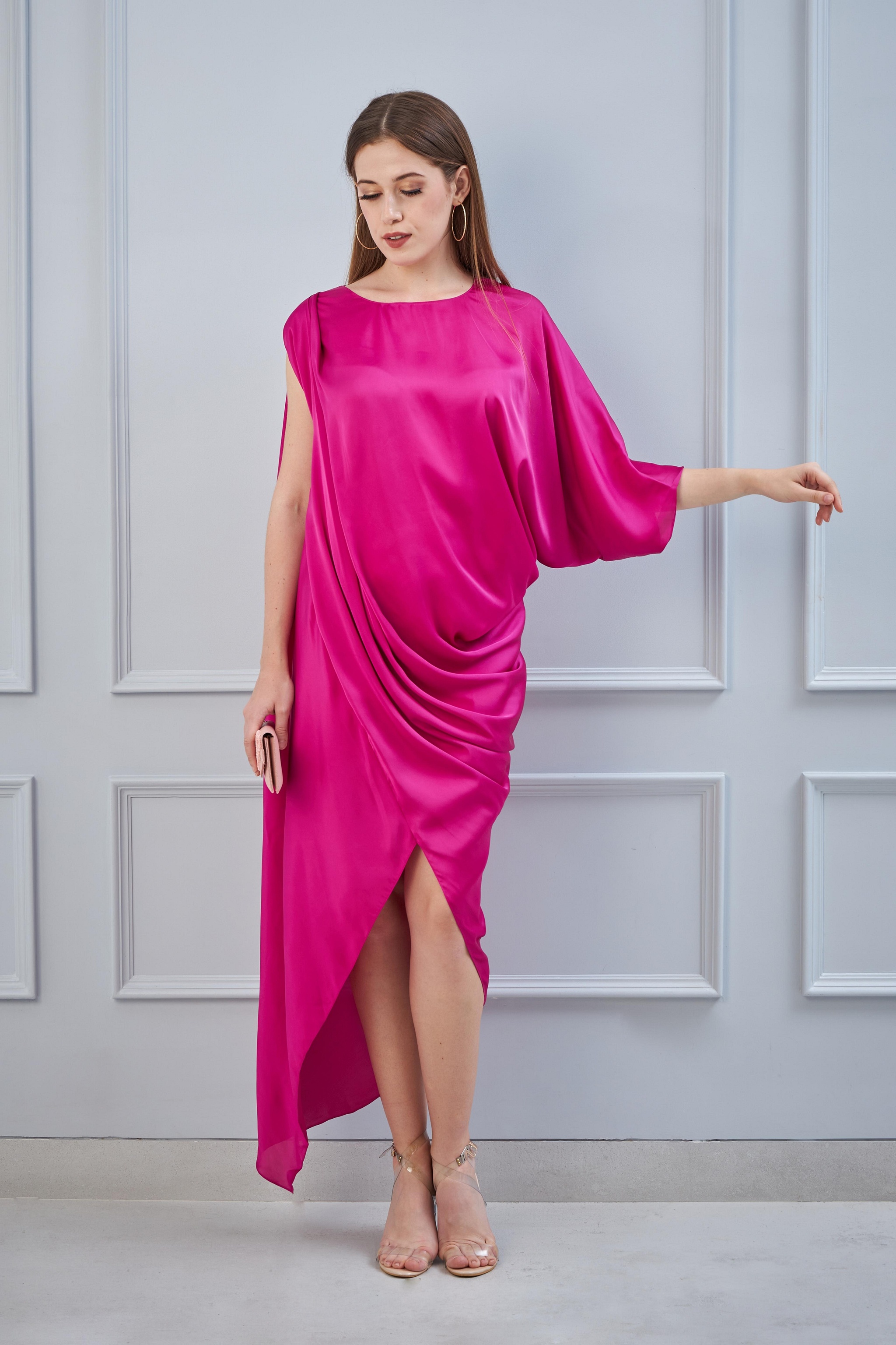 Fuschia Pink Cowl Draped Dress