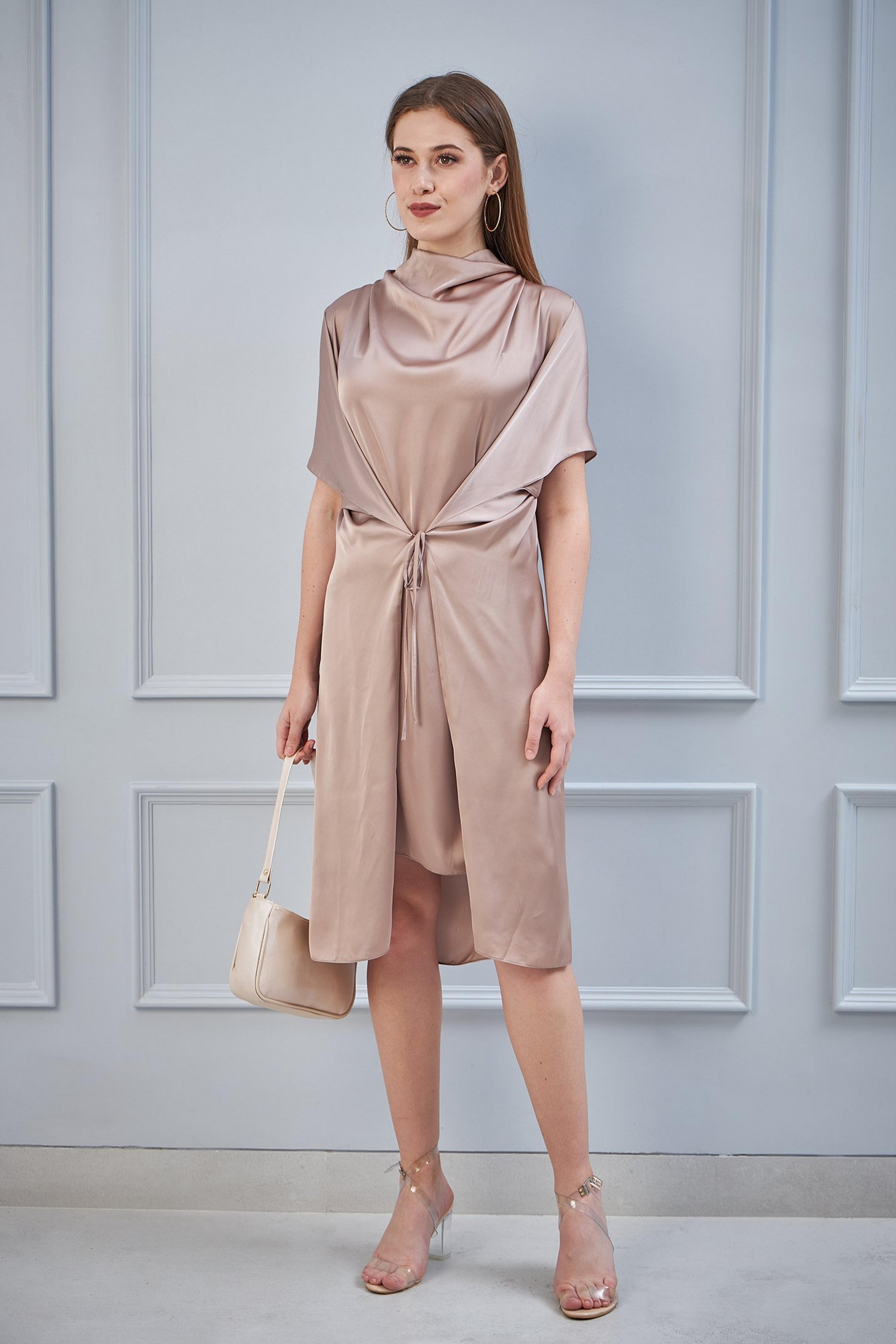 Dull Nude Drape Dress With Tie Up Flap