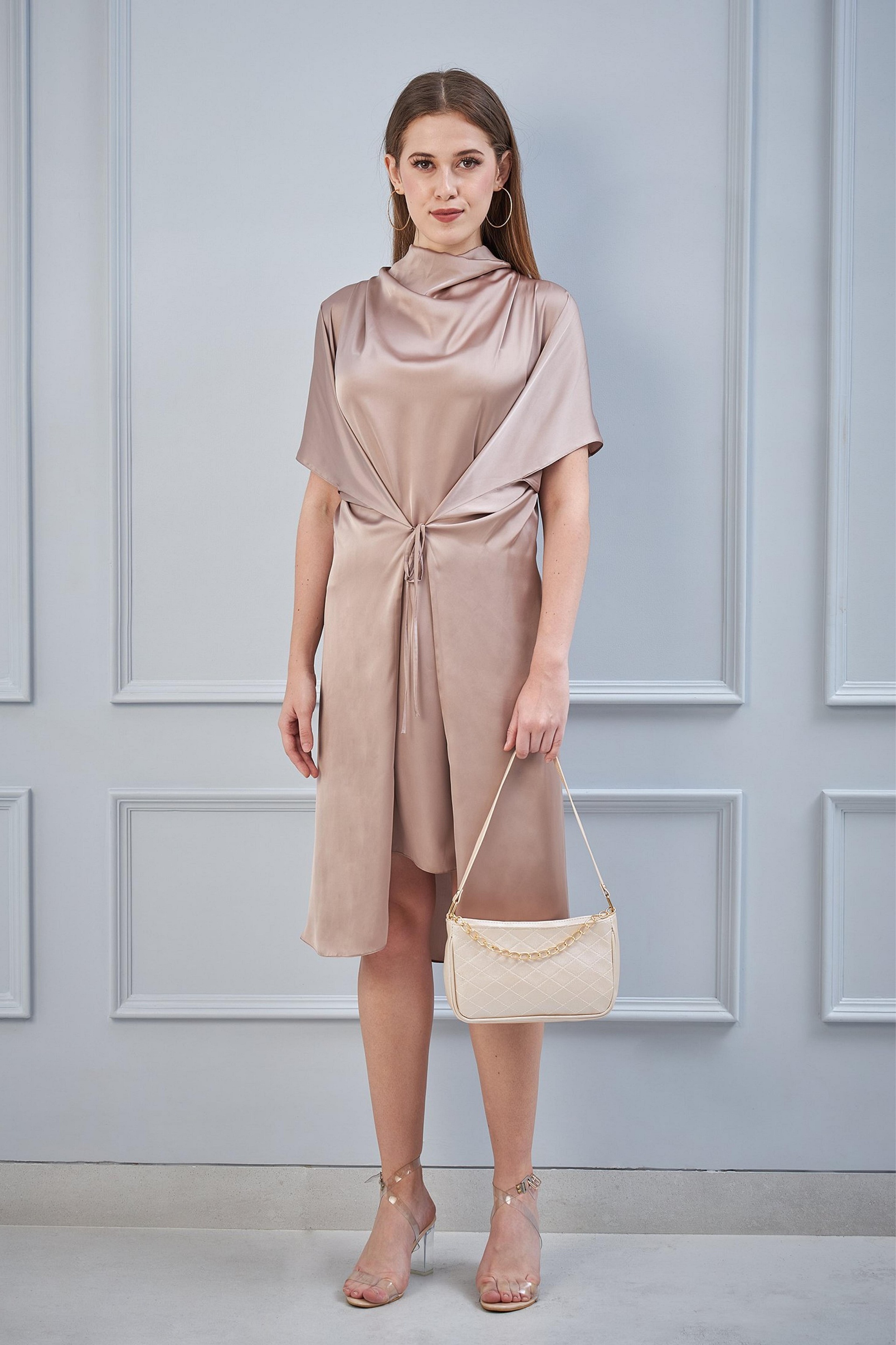 Dull Nude Drape Dress With Tie Up Flap