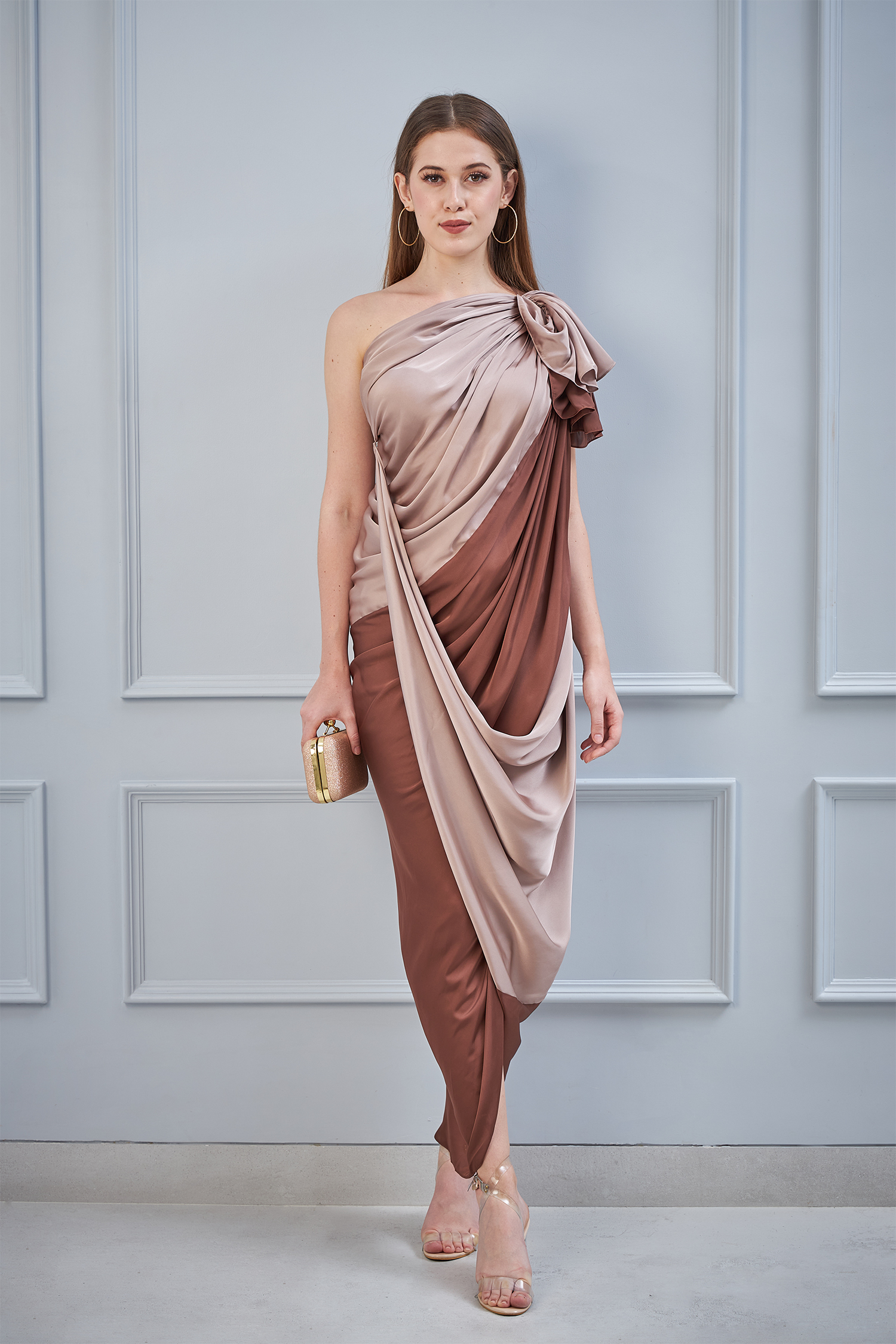 Dull Nude & Brown One Shoulder Draped Dress