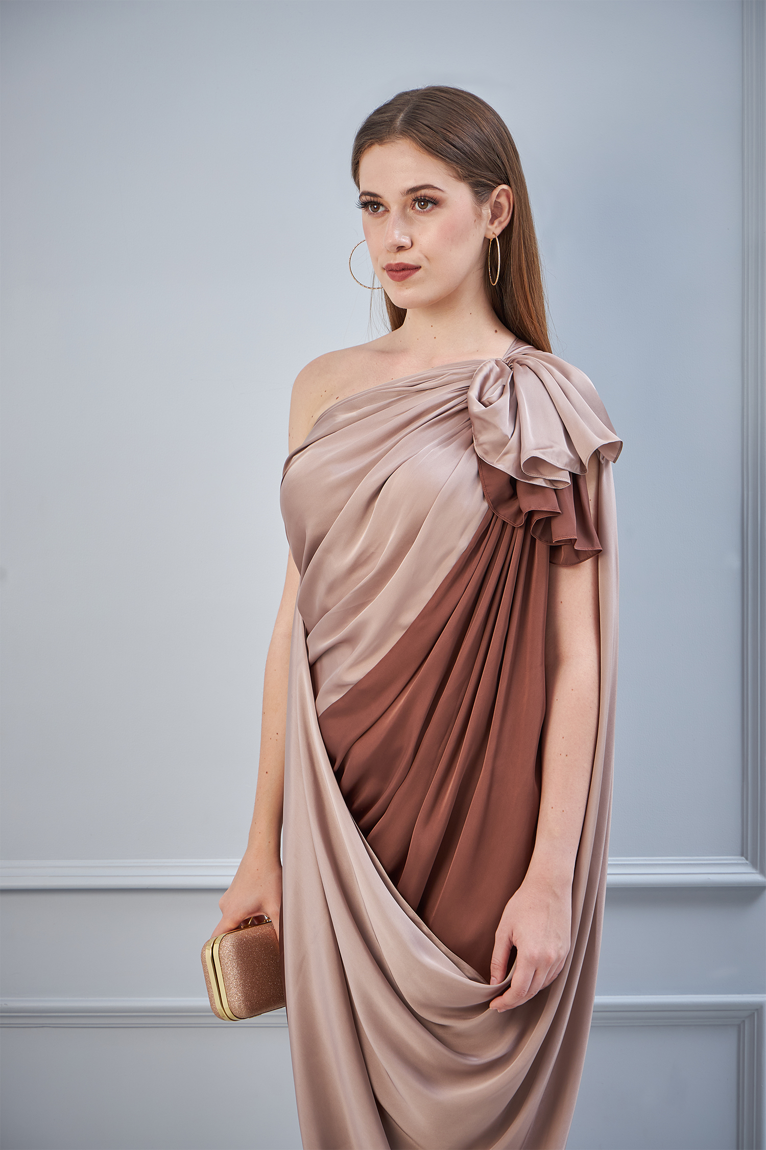 Dull Nude & Brown One Shoulder Draped Dress