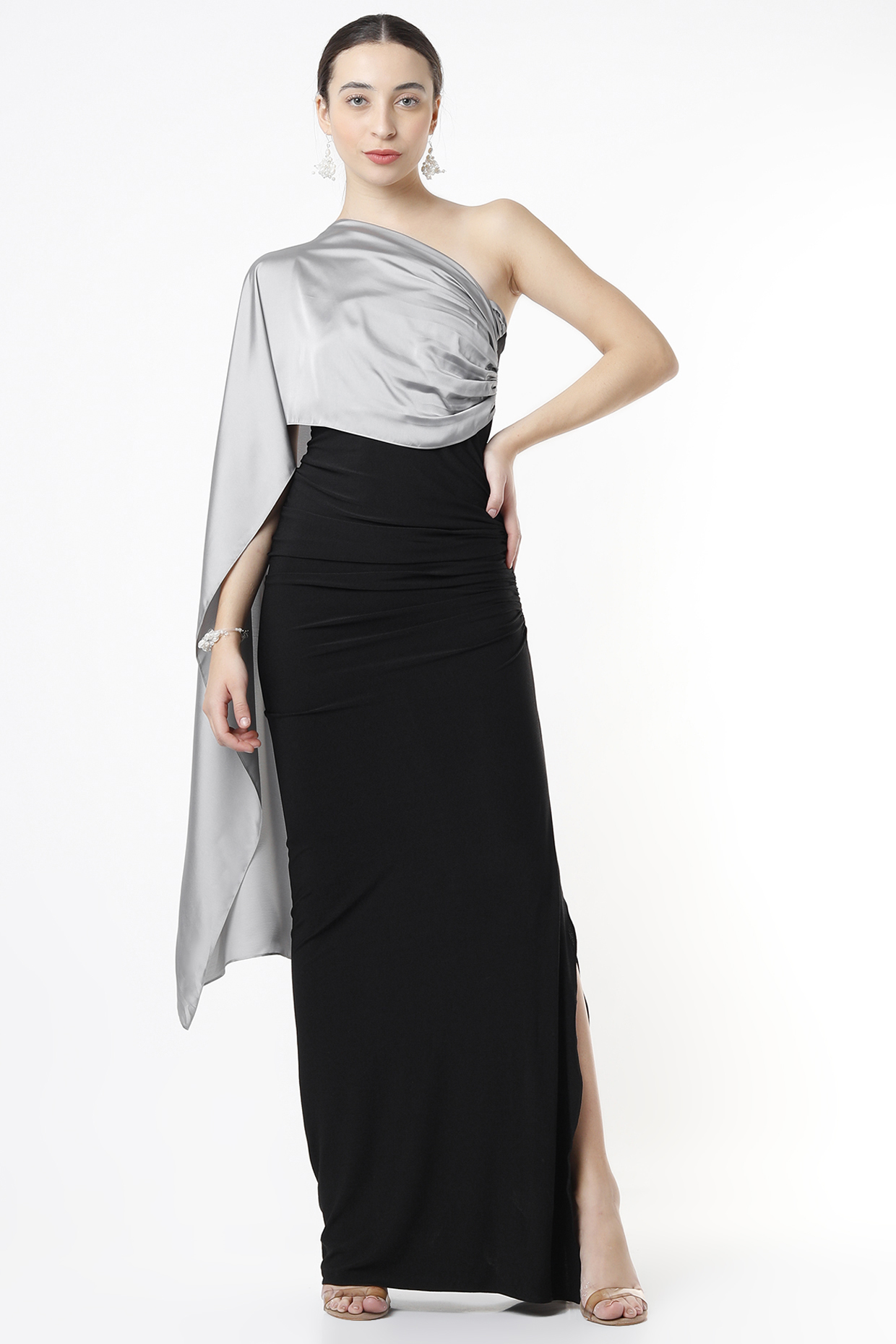 Black & Silver Grey Draped Gown