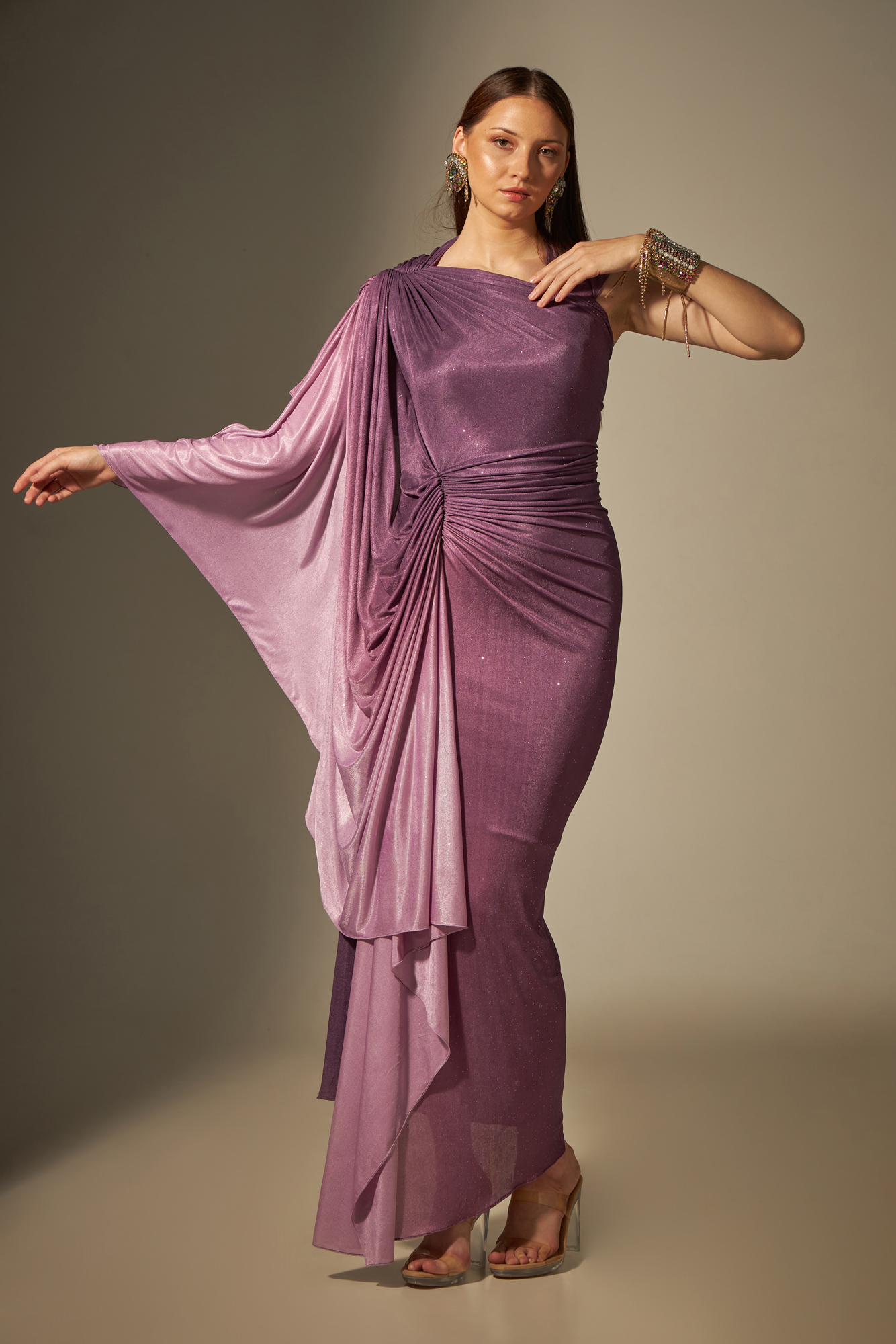 Shaded Purple Drape Gown With Cascading Side Cape Fall