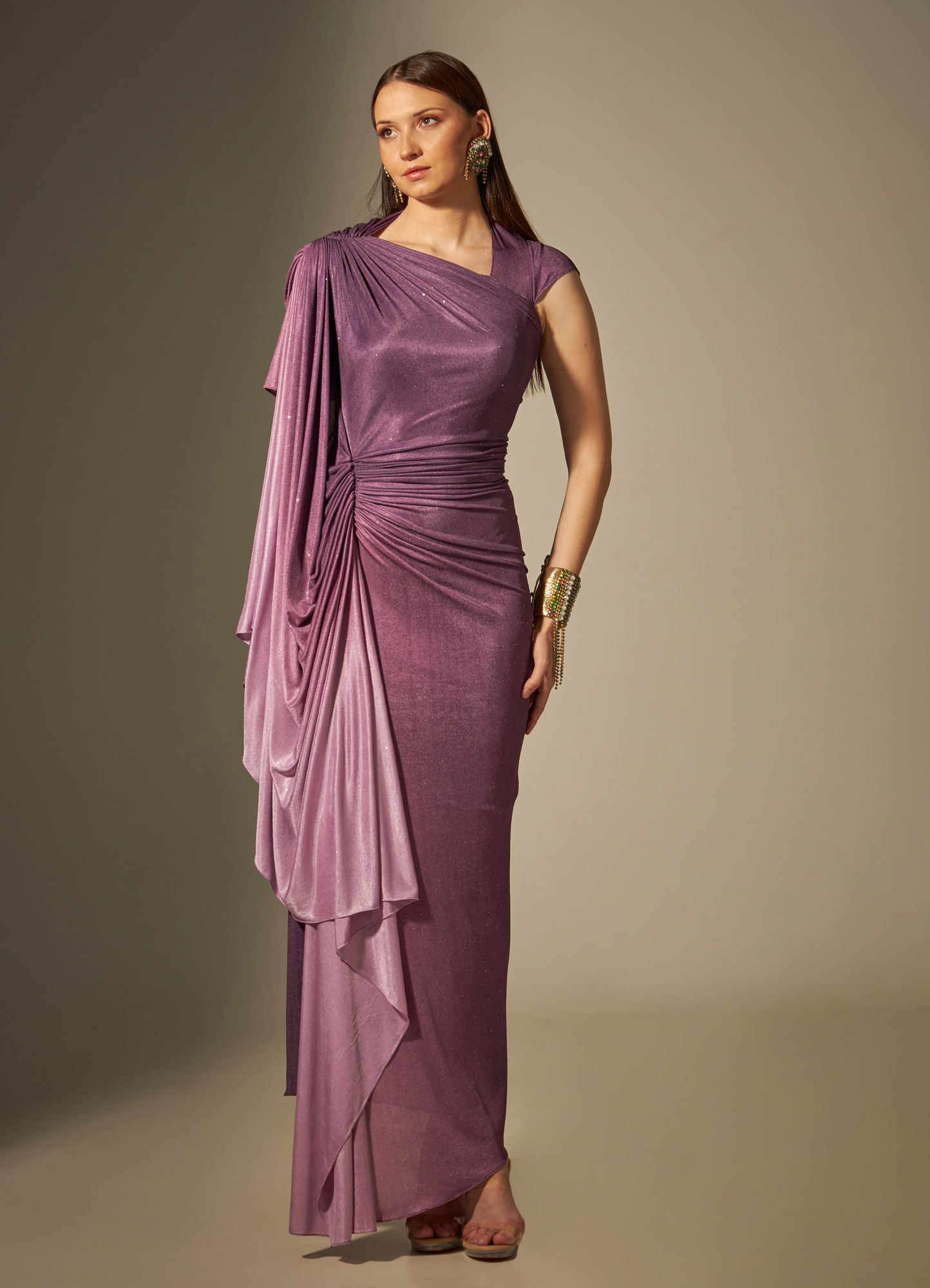 Shaded Purple Drape Gown With Cascading Side Cape Fall