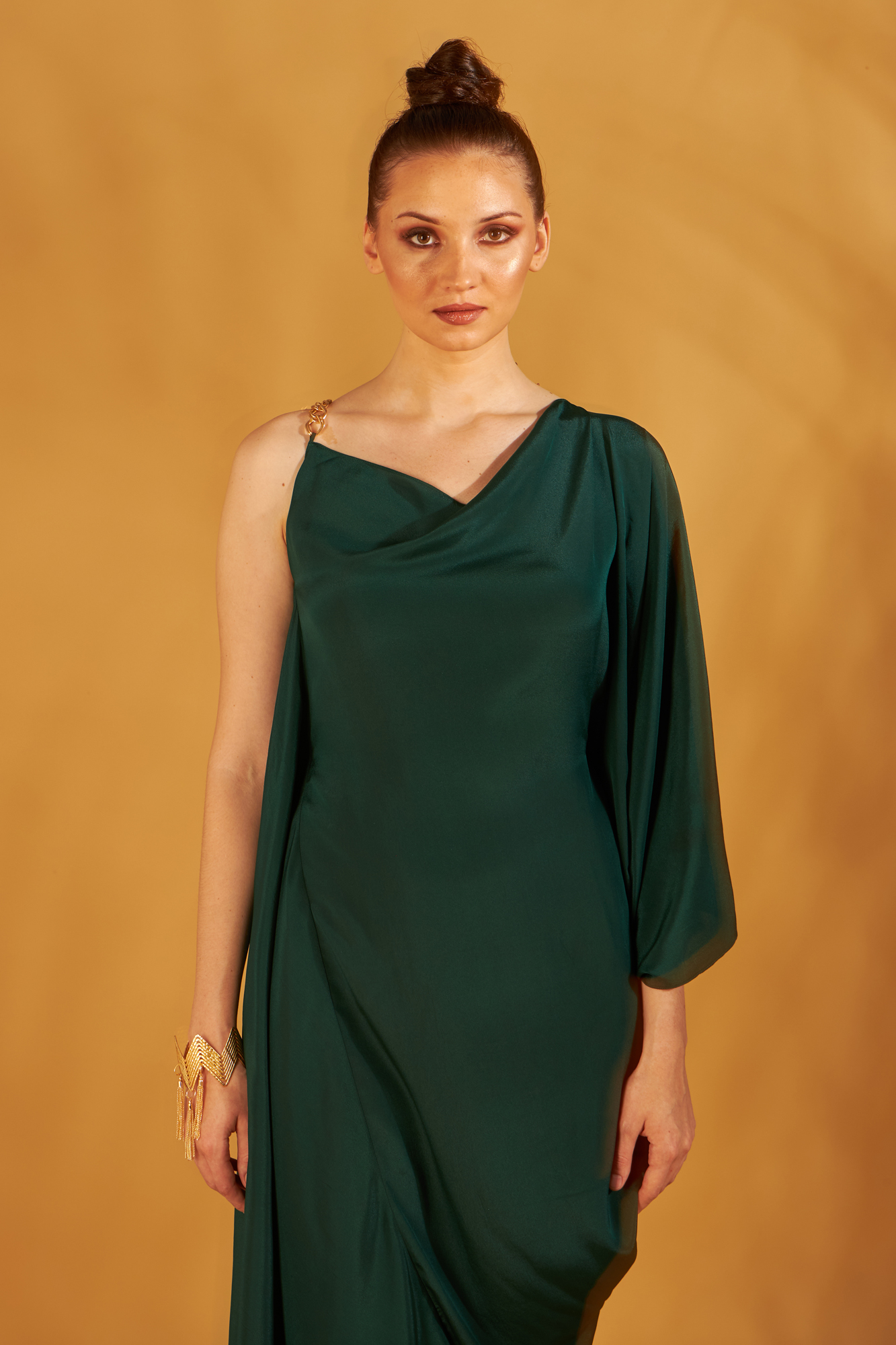 Bottle Green Asymmetric Draped Dress