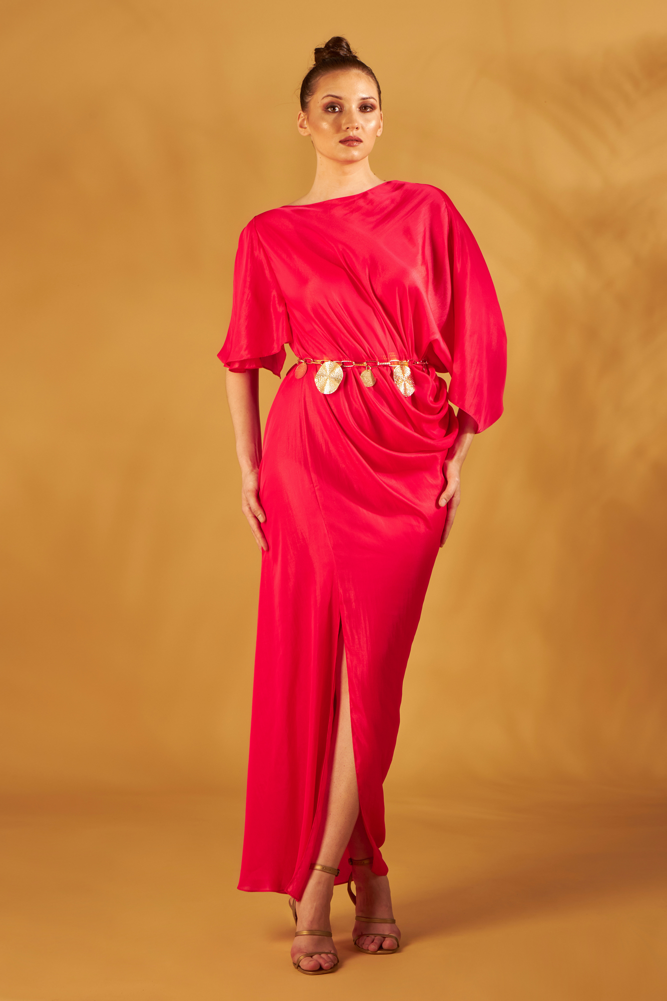 Coral Boat Neck Drape Gown