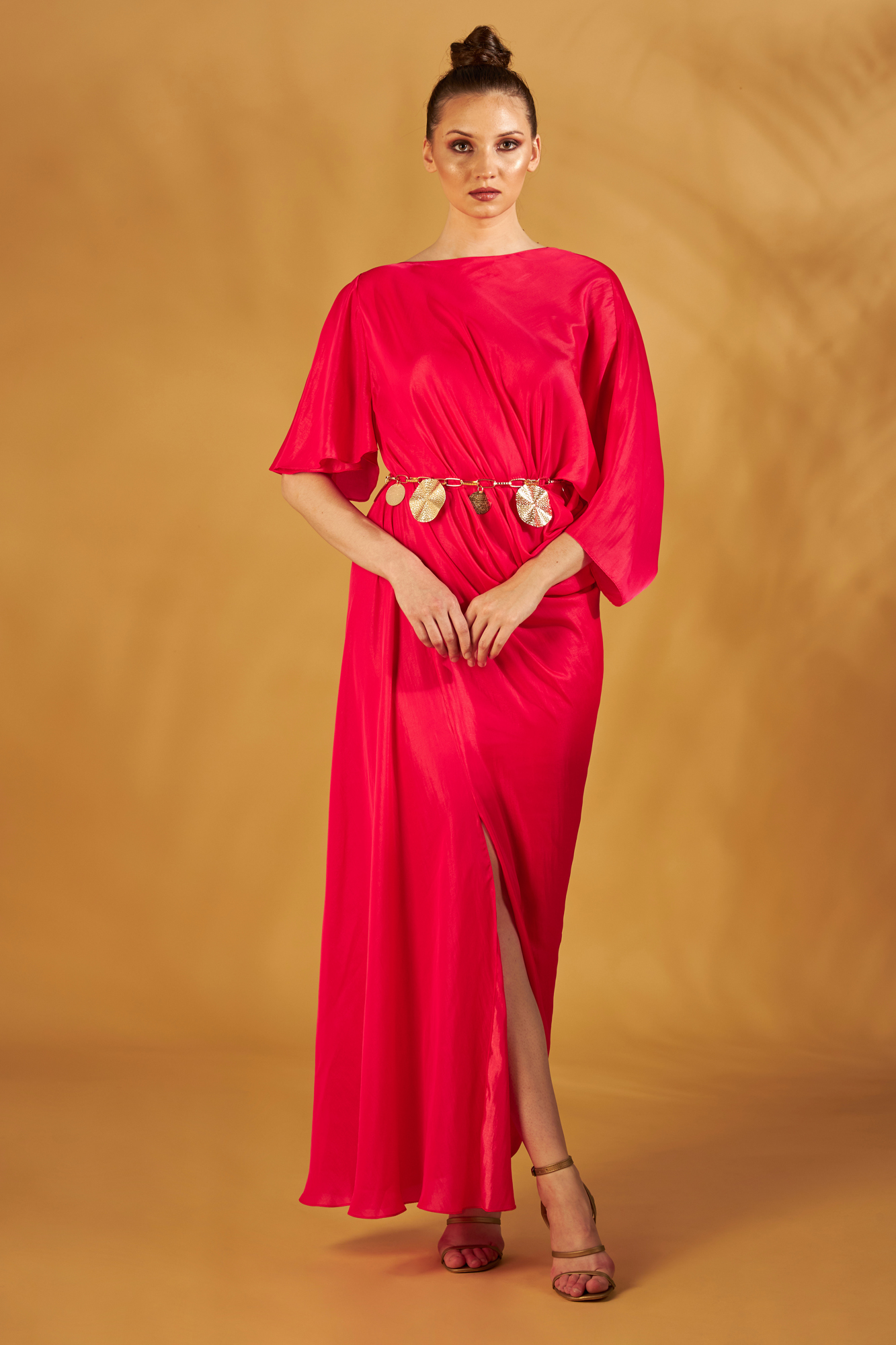 Coral Boat Neck Drape Gown