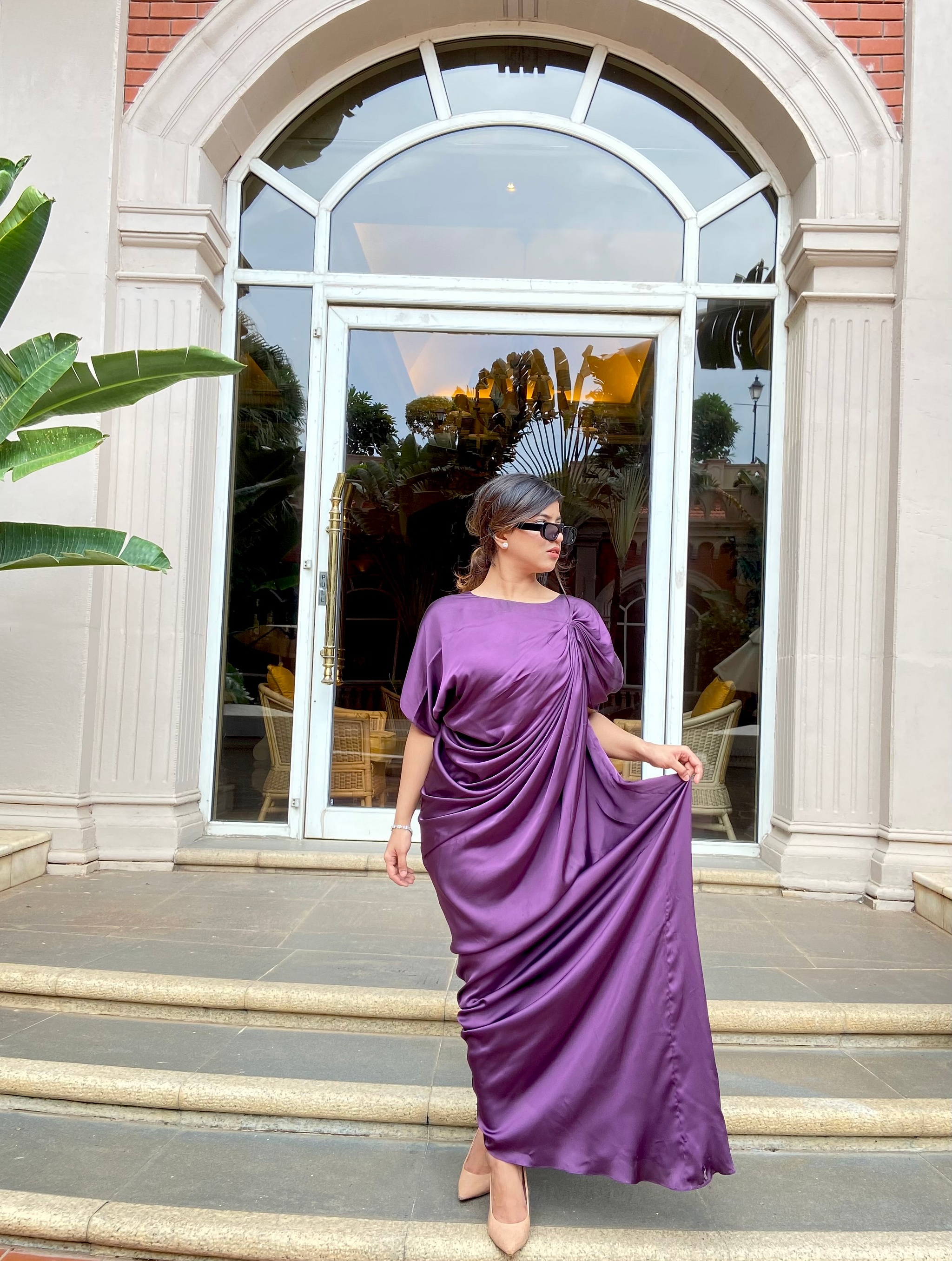 Eggplant Purple Satin Silk Drape Gown