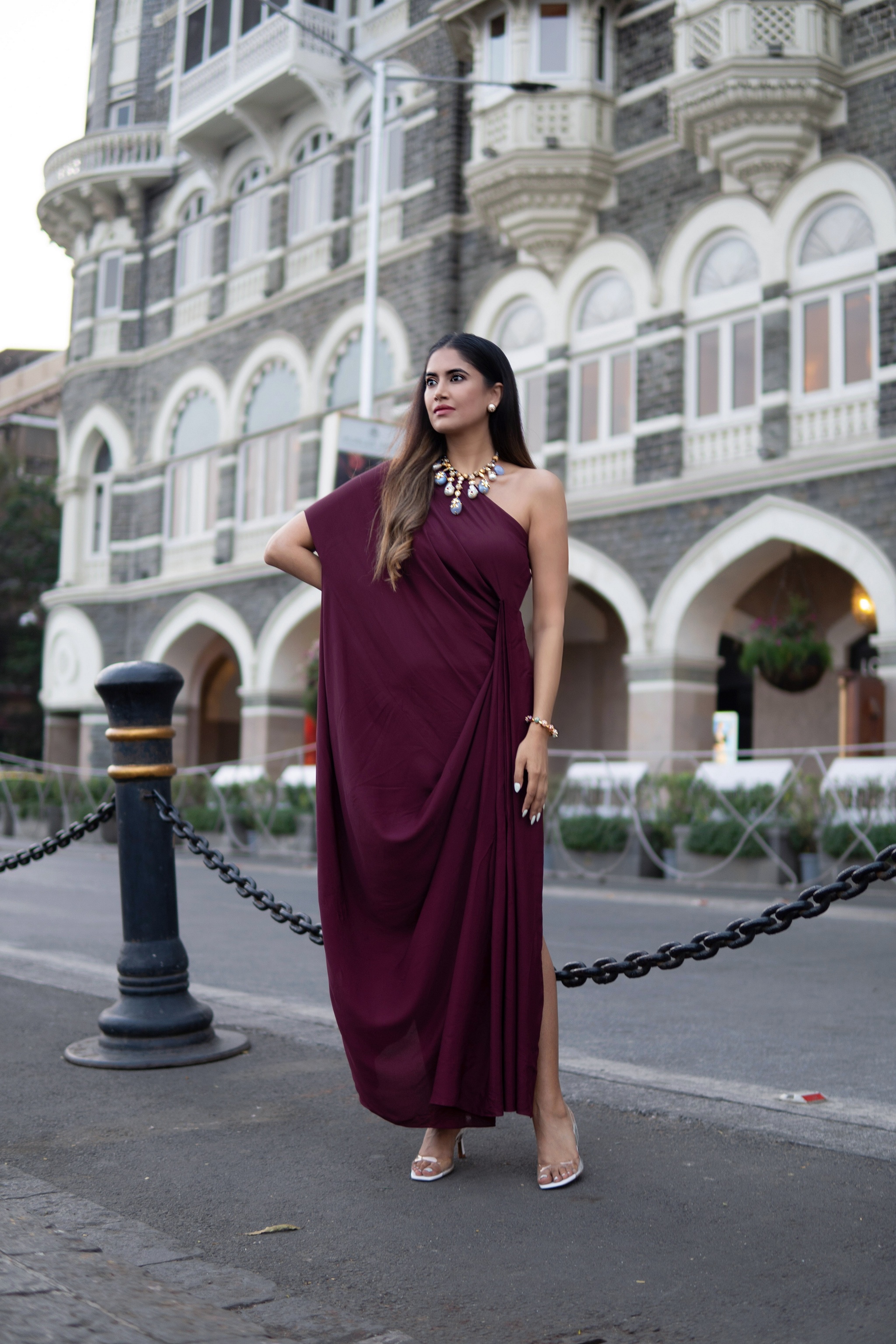 Wine One Shoulder Draped Gown