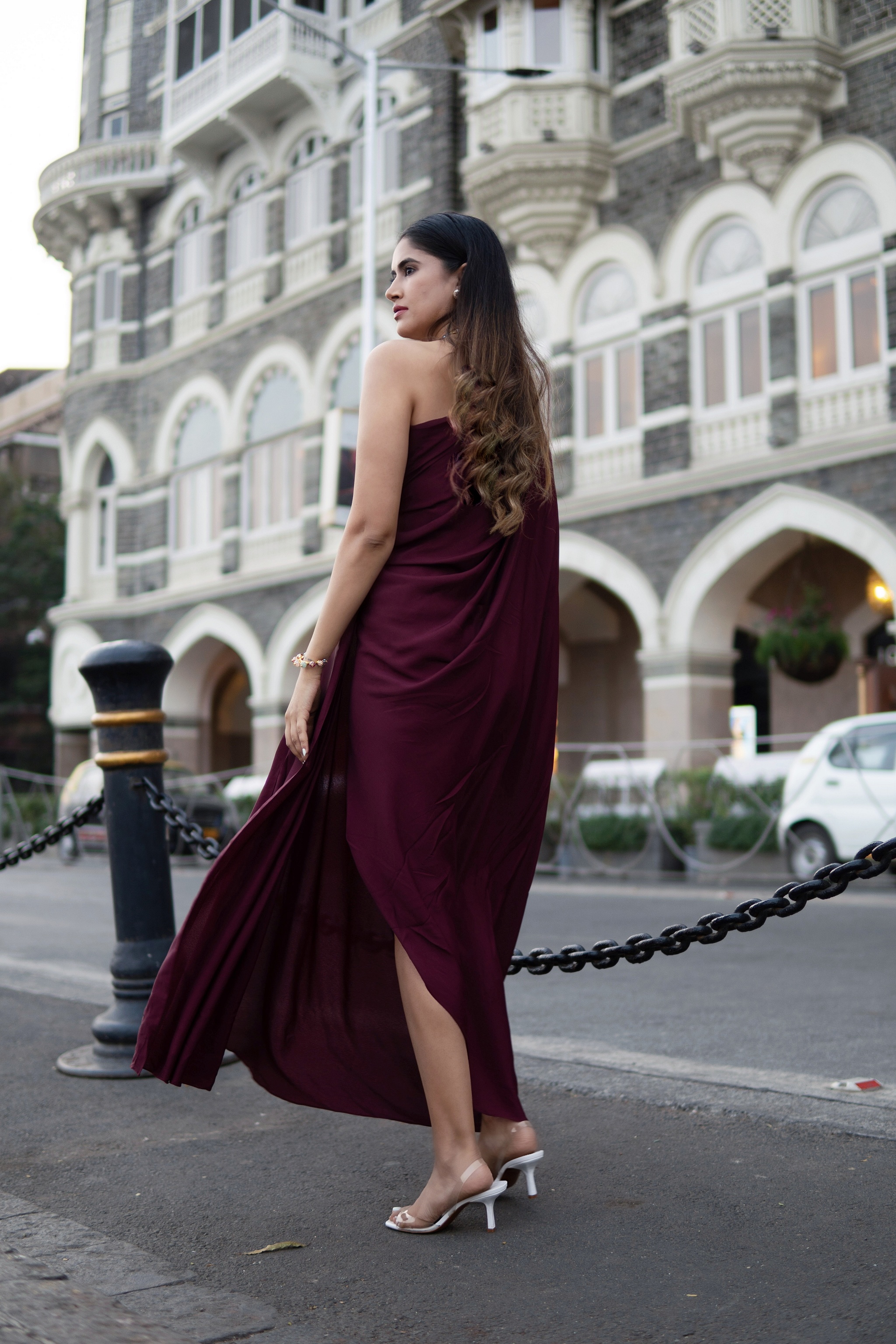 Wine One Shoulder Draped Gown