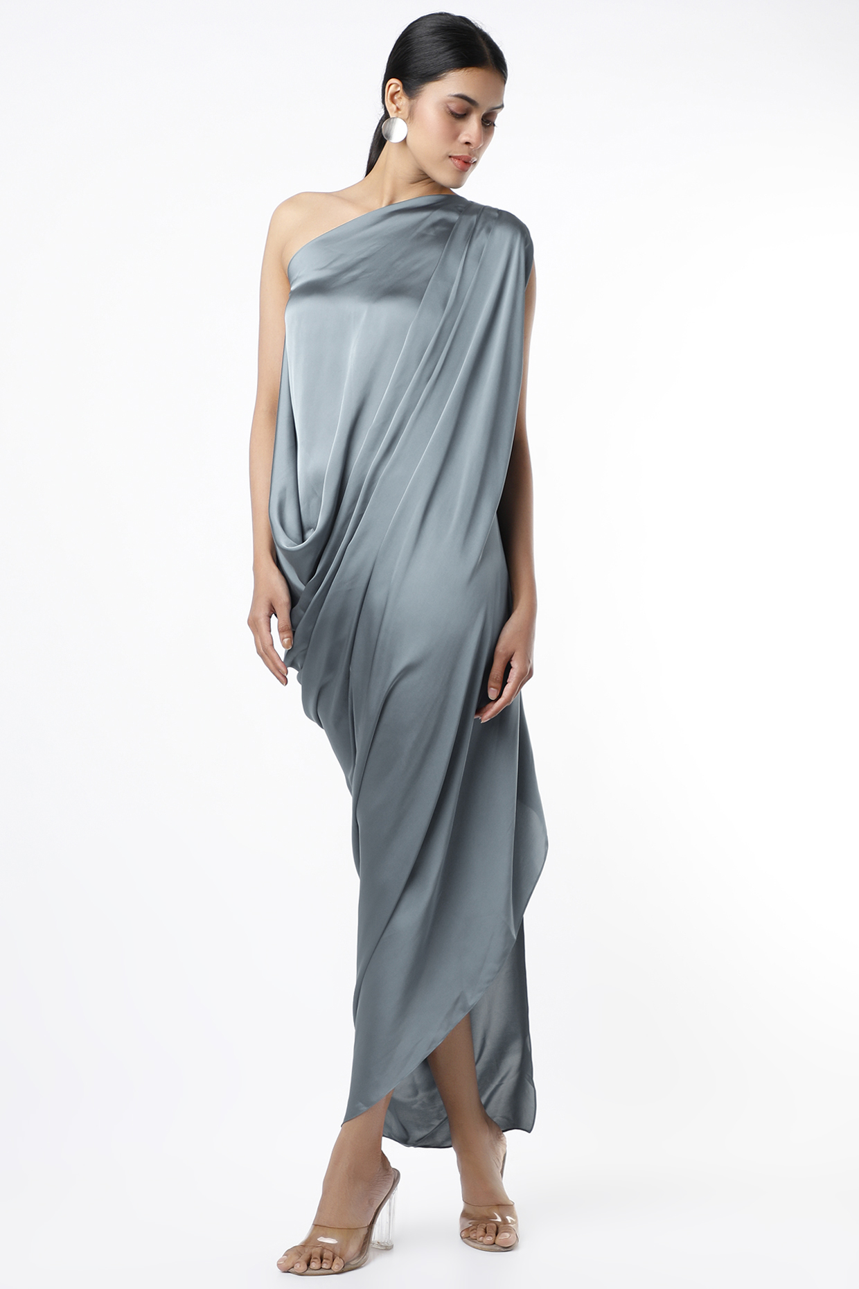Petrol Grey One Shoulder Draped Gown