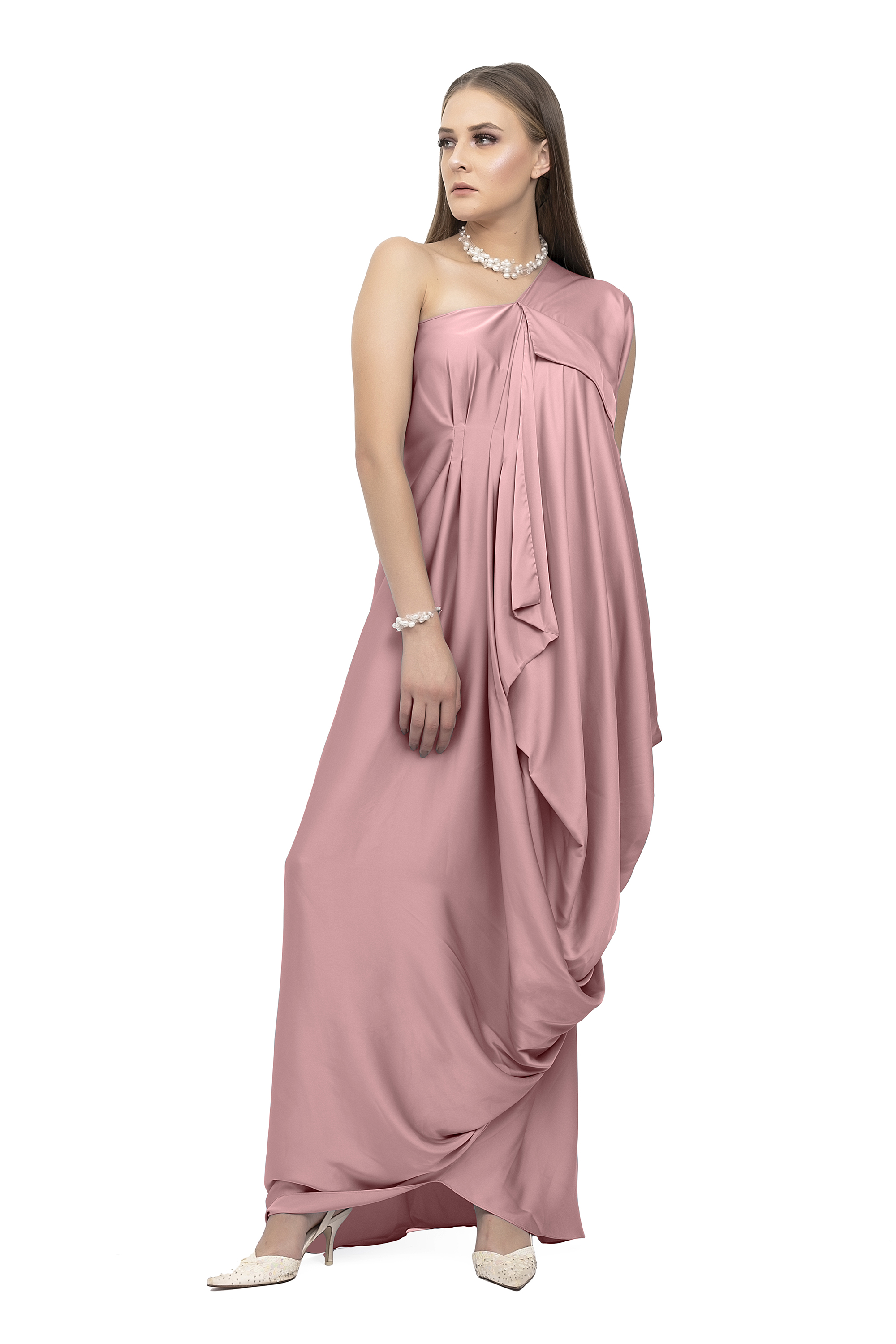 Dull Pink Draped Dress One Shoulder Draped Gown